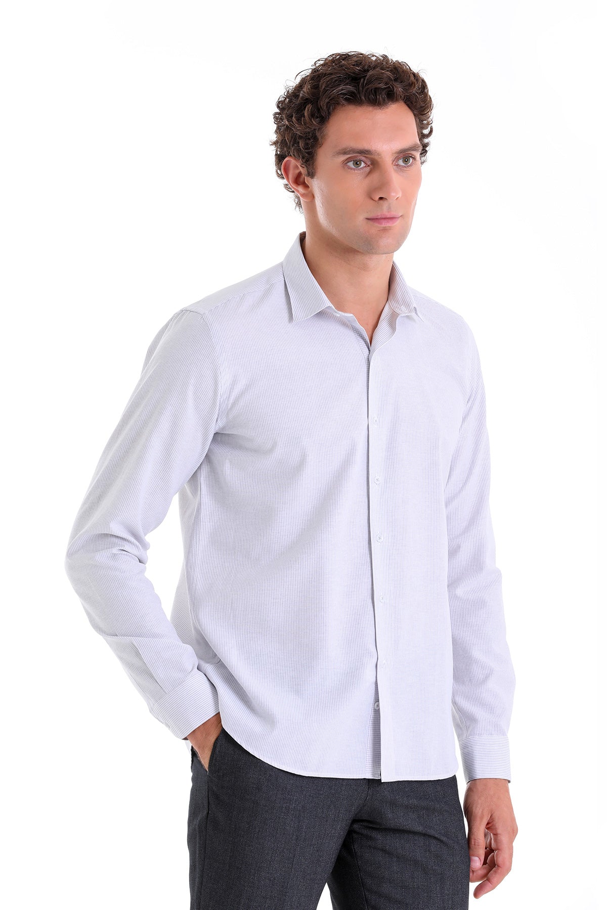 Comfort Fit Striped Cotton Blend Gray Casual Shirt - SAYKI