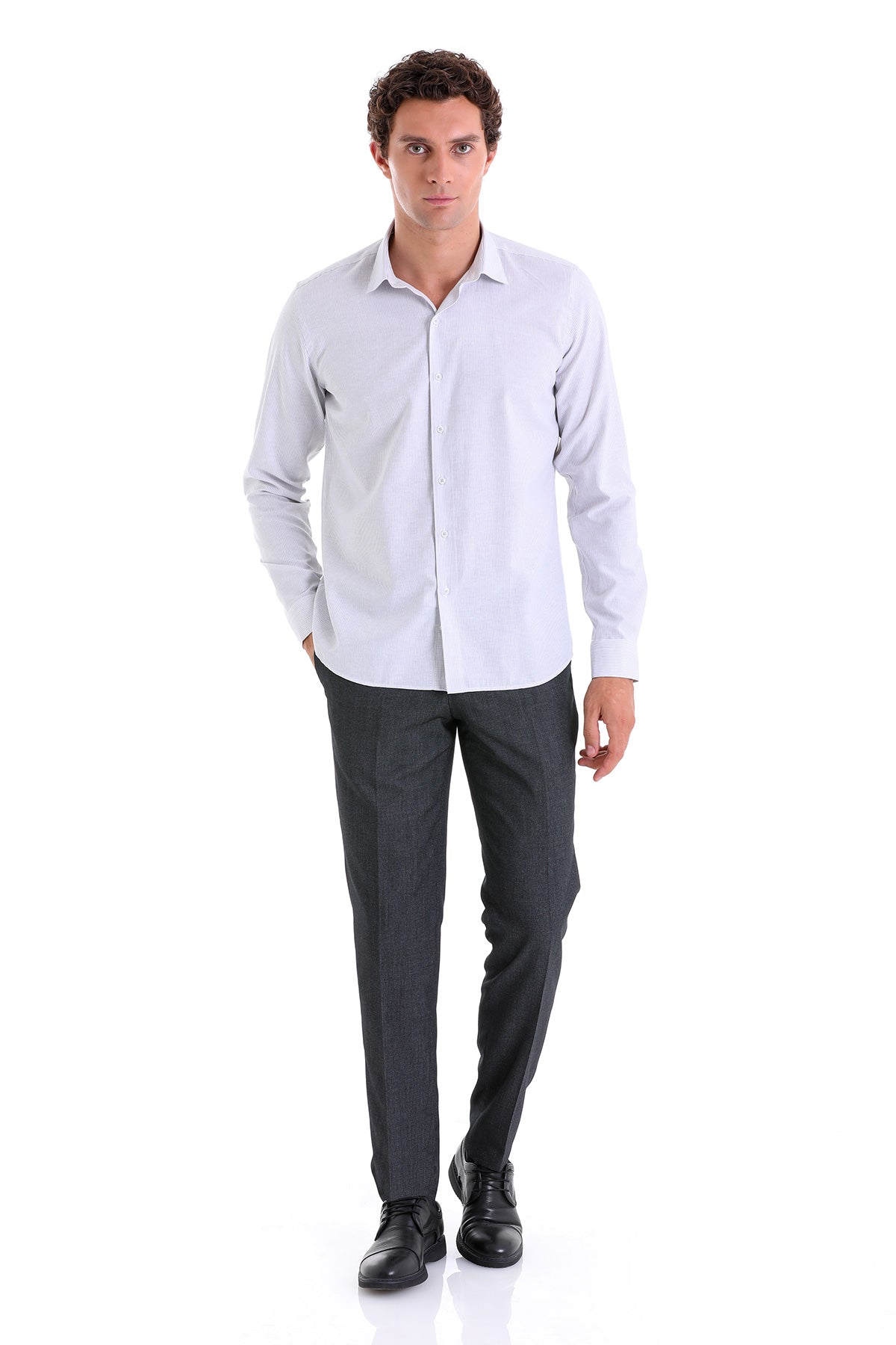 Comfort Fit Striped Cotton Blend Gray Casual Shirt - SAYKI