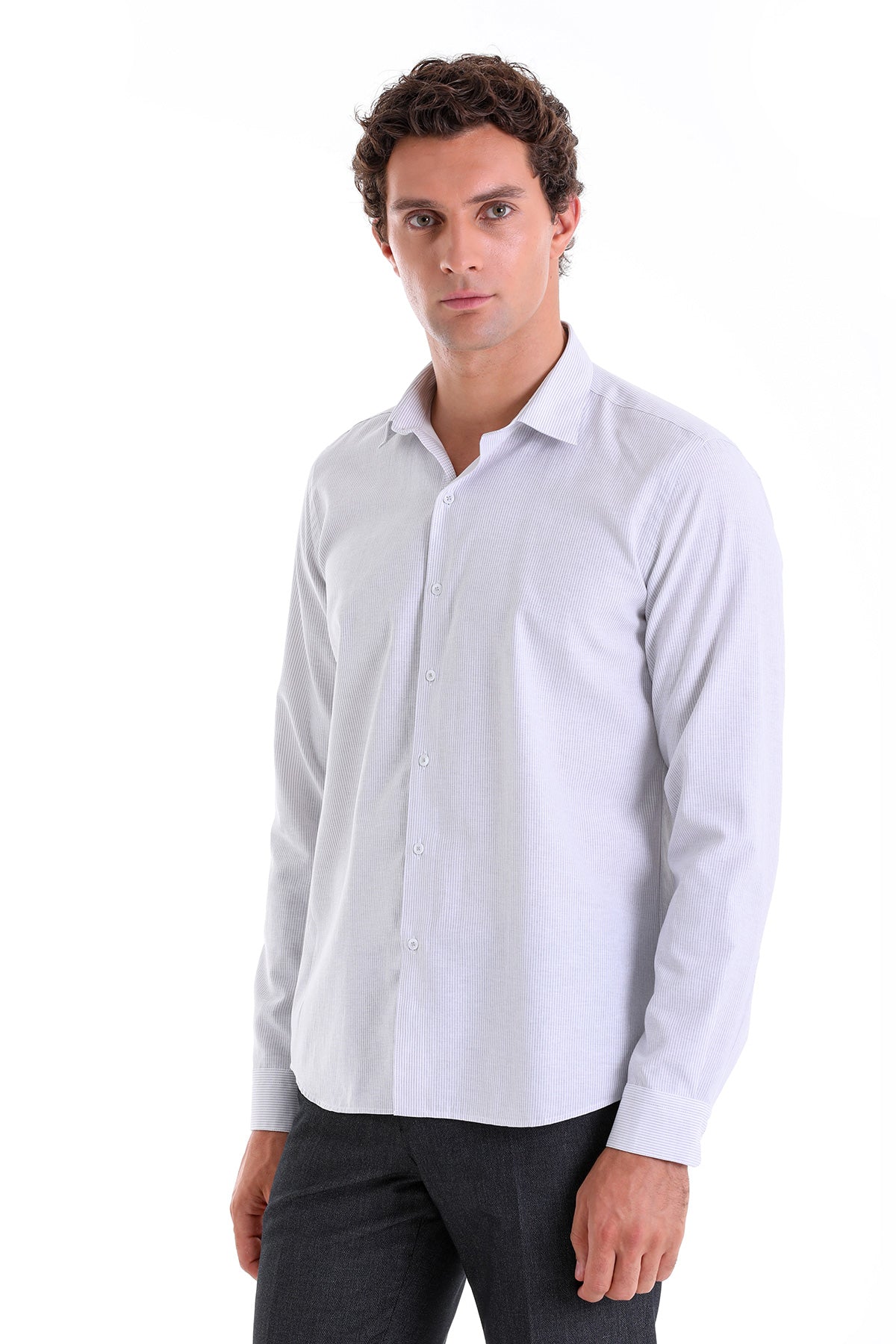 Comfort Fit Striped Cotton Blend Gray Casual Shirt - SAYKI