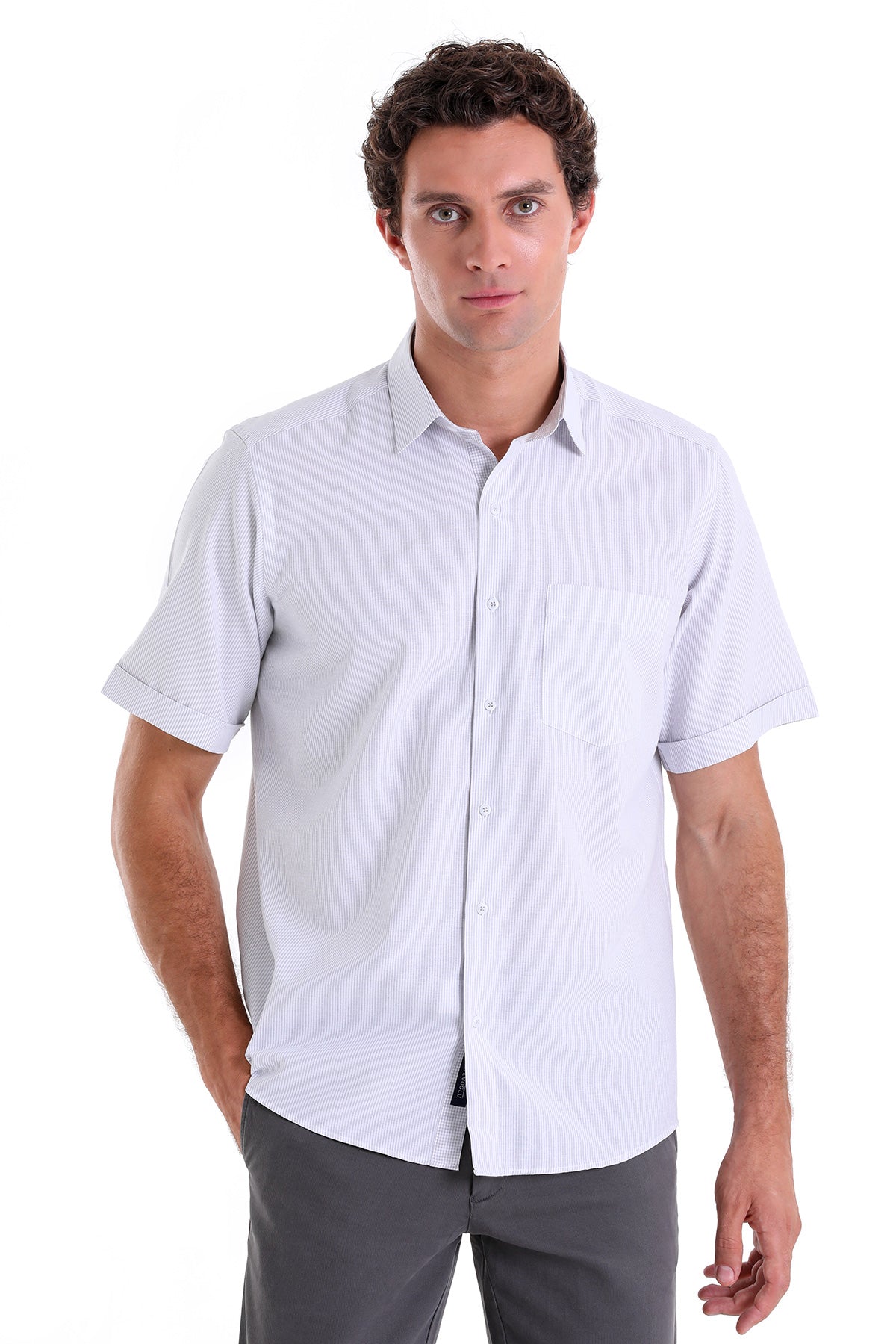 Comfort Fit Striped Cotton Blend Gray Dress Shirt - SAYKI