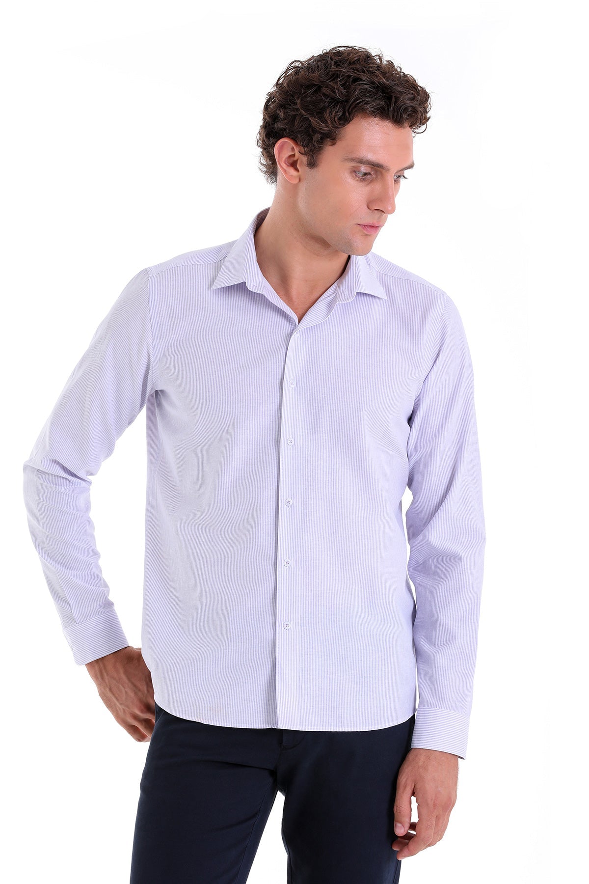 Comfort Fit Striped Cotton Blend Lilac Casual Shirt - SAYKI
