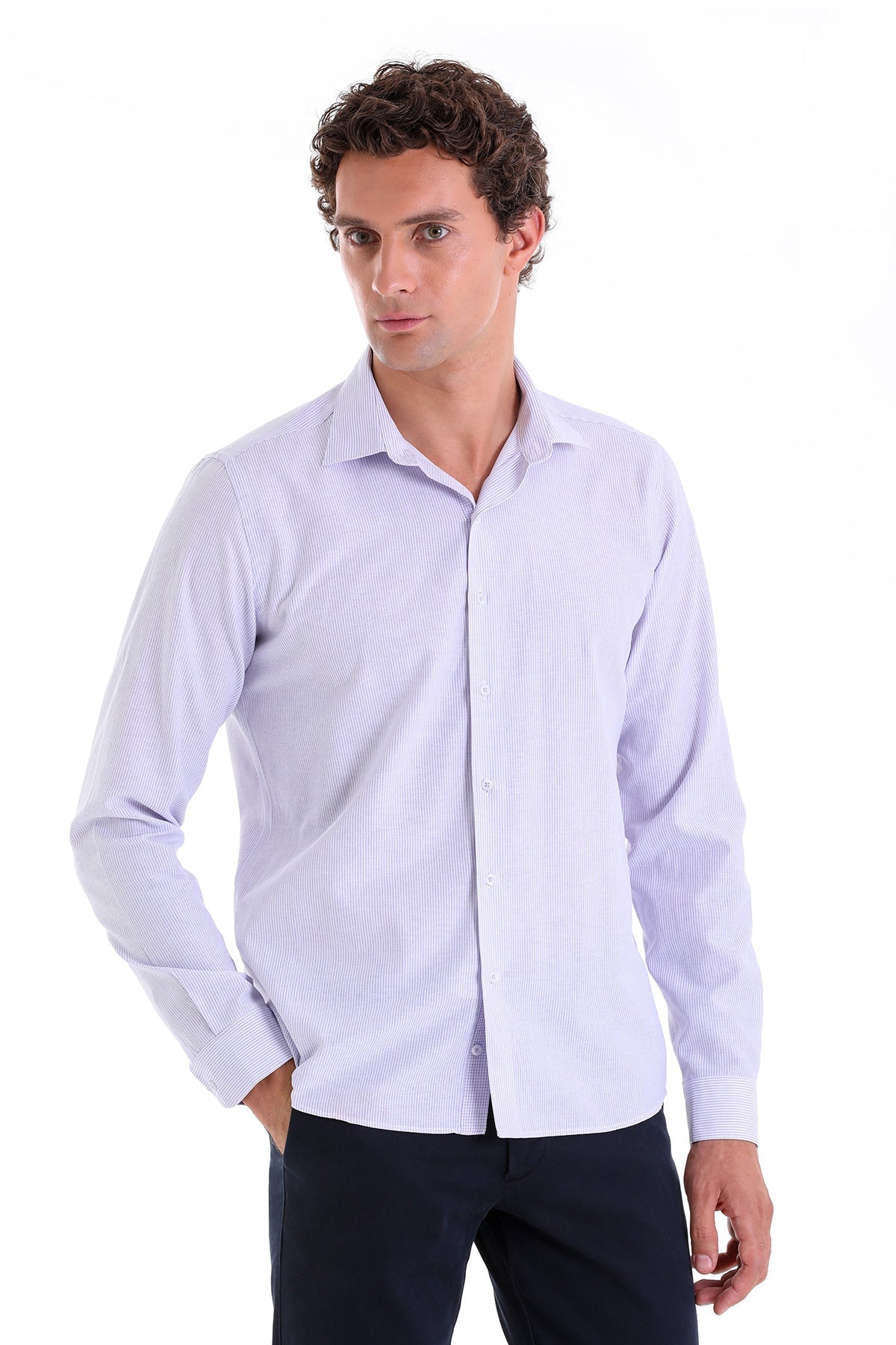 Comfort Fit Striped Cotton Blend Lilac Casual Shirt - SAYKI