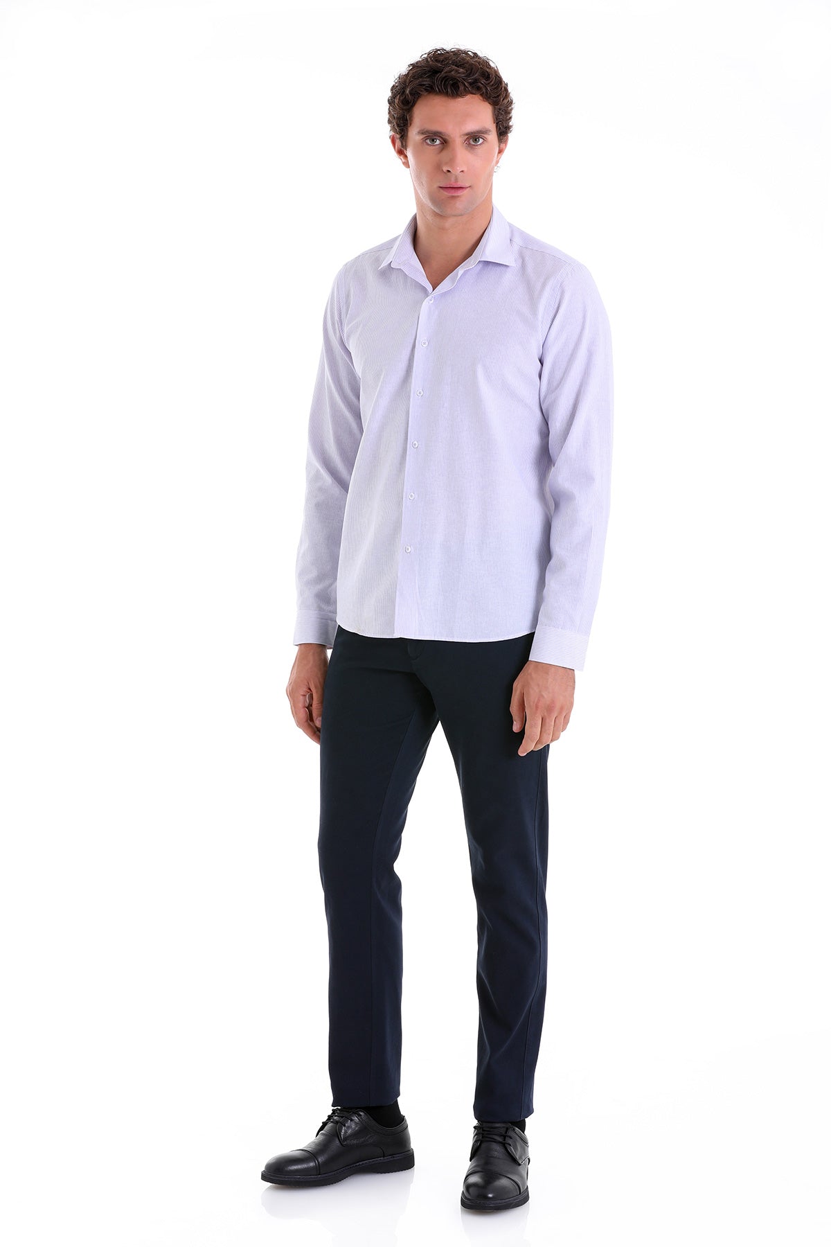 Comfort Fit Striped Cotton Blend Lilac Casual Shirt - SAYKI