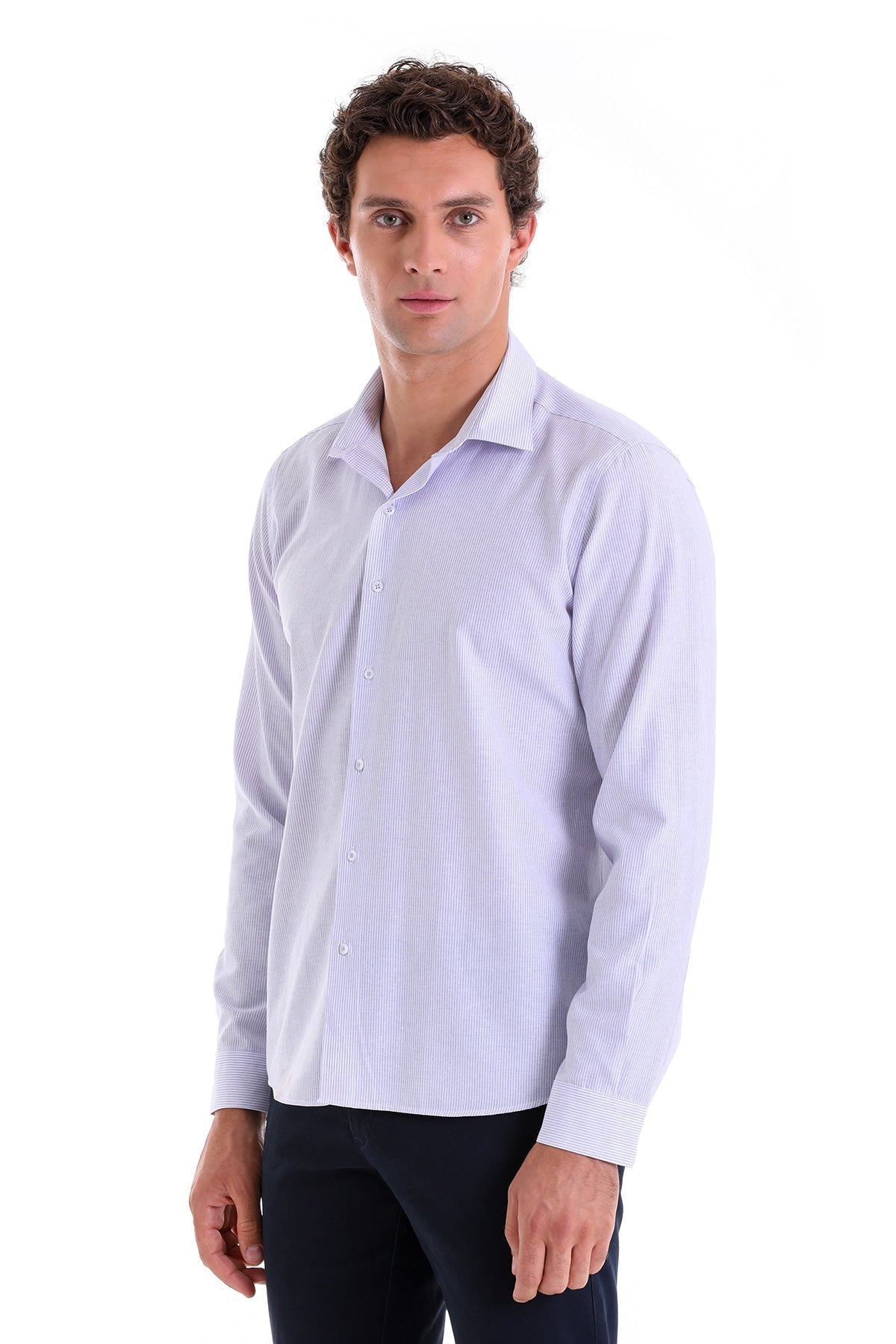 Comfort Fit Striped Cotton Blend Lilac Casual Shirt - SAYKI