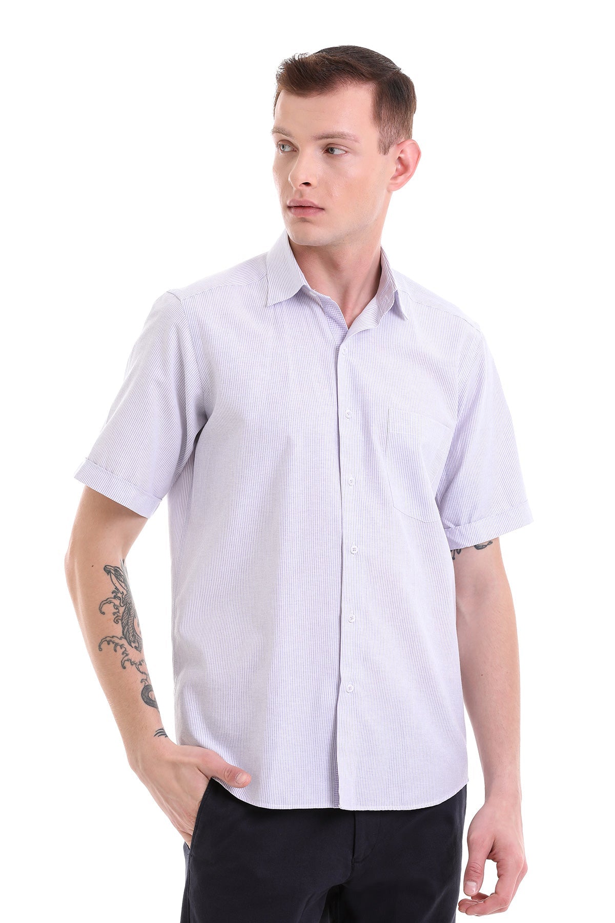 Comfort Fit Striped Cotton Blend Lilac Dress Shirt - SAYKI