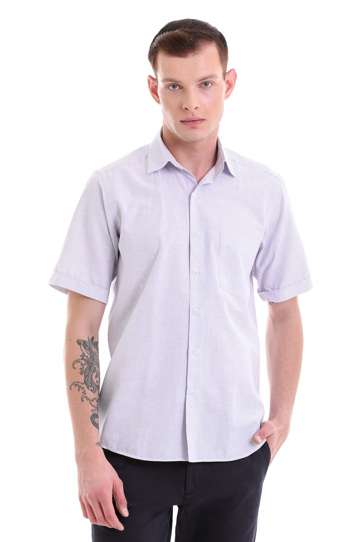Comfort Fit Striped Cotton Blend Lilac Dress Shirt - SAYKI