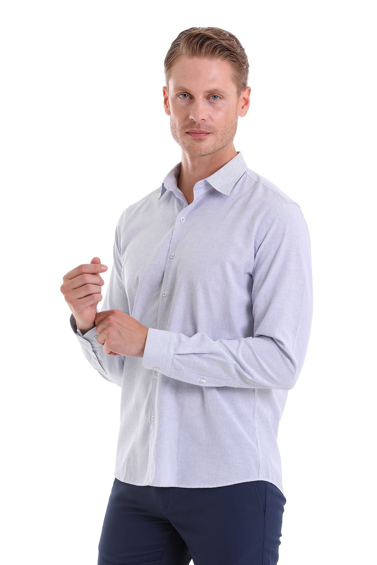 Comfort Fit Striped Cotton Blend Navy Casual Shirt - SAYKI