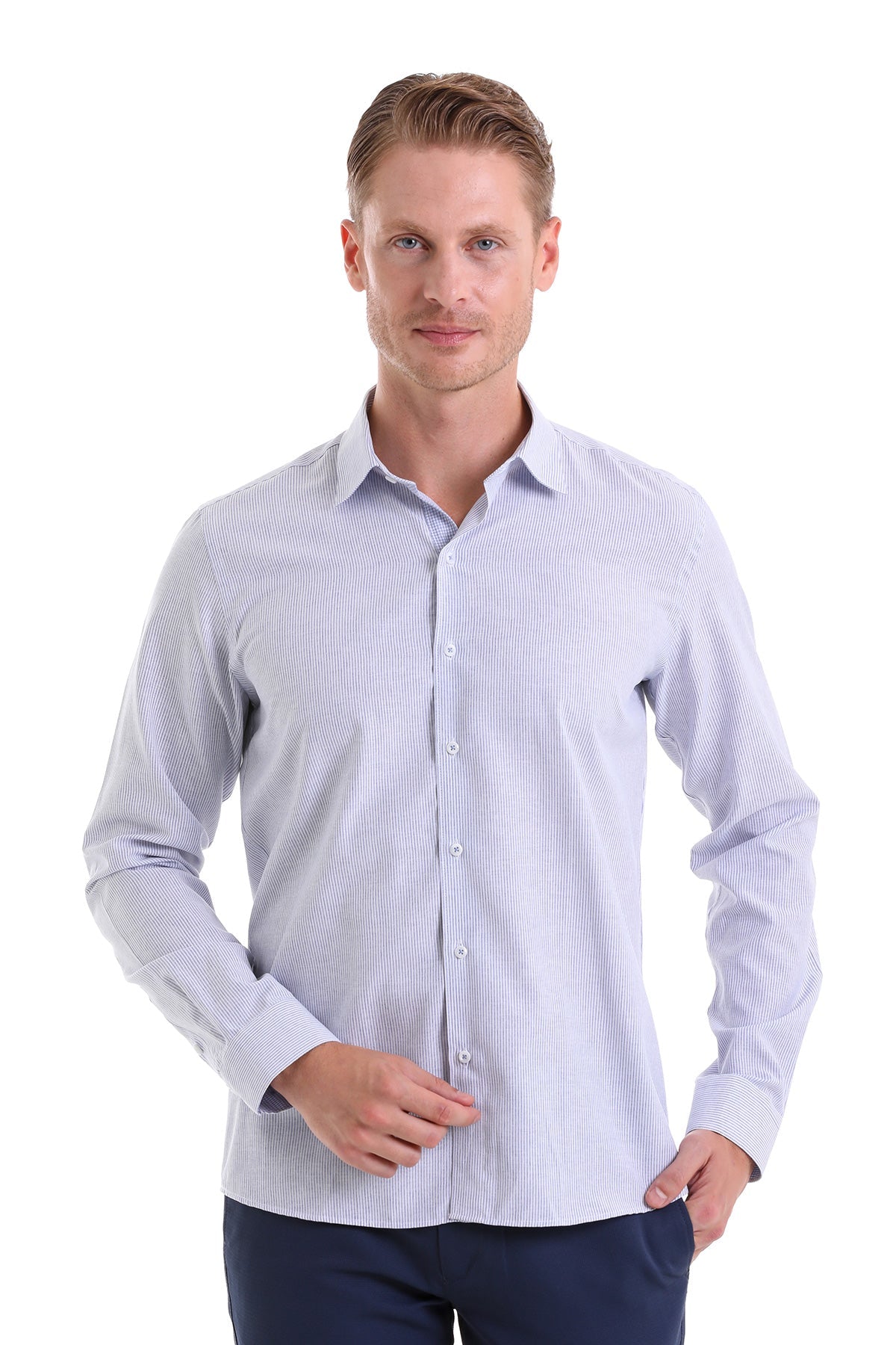 Comfort Fit Striped Cotton Blend Navy Casual Shirt - SAYKI