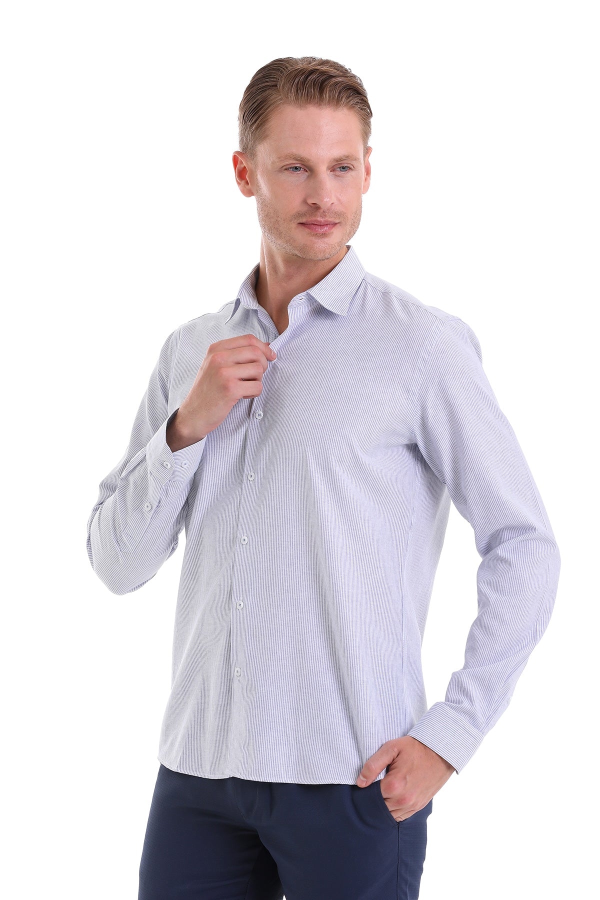 A light blue and white vertically striped long-sleeved dress shirt with a classic collar.