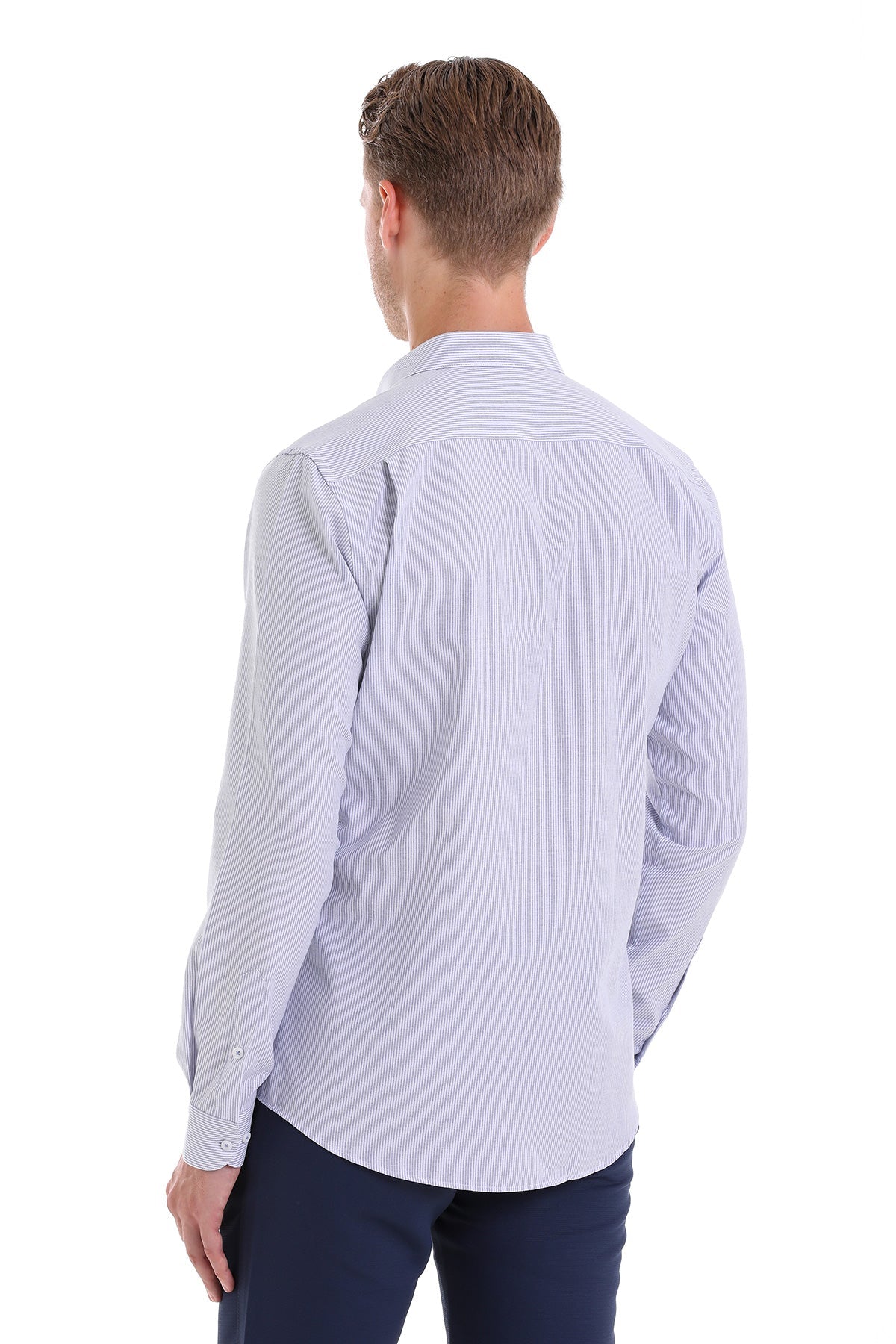 Comfort Fit Striped Cotton Blend Navy Casual Shirt - SAYKI