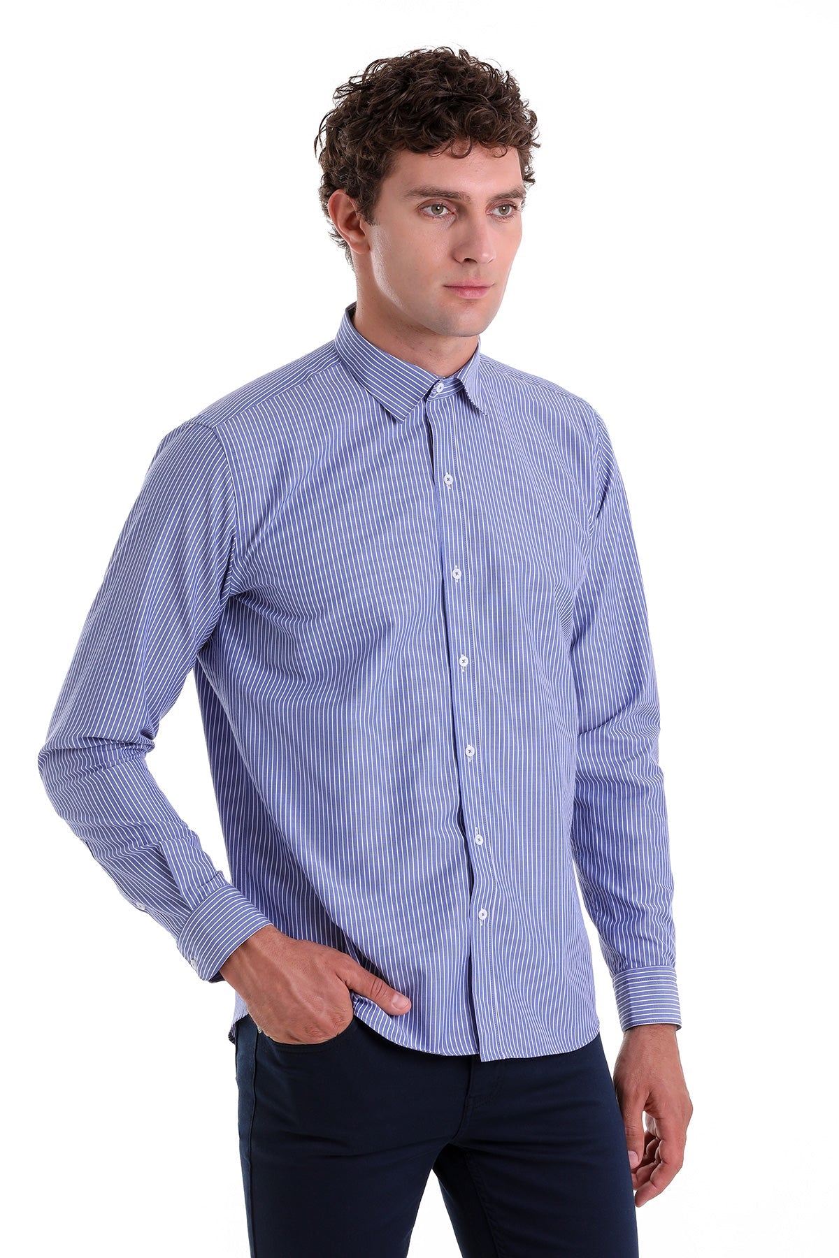 Comfort Fit Striped Cotton Blend Navy Dress Shirt - SAYKI