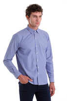 Comfort Fit Striped Cotton Blend Navy Dress Shirt - SAYKI