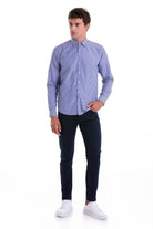 Comfort Fit Striped Cotton Blend Navy Dress Shirt - SAYKI