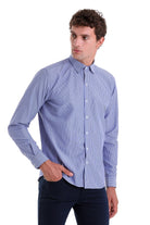 Comfort Fit Striped Cotton Blend Navy Dress Shirt - SAYKI