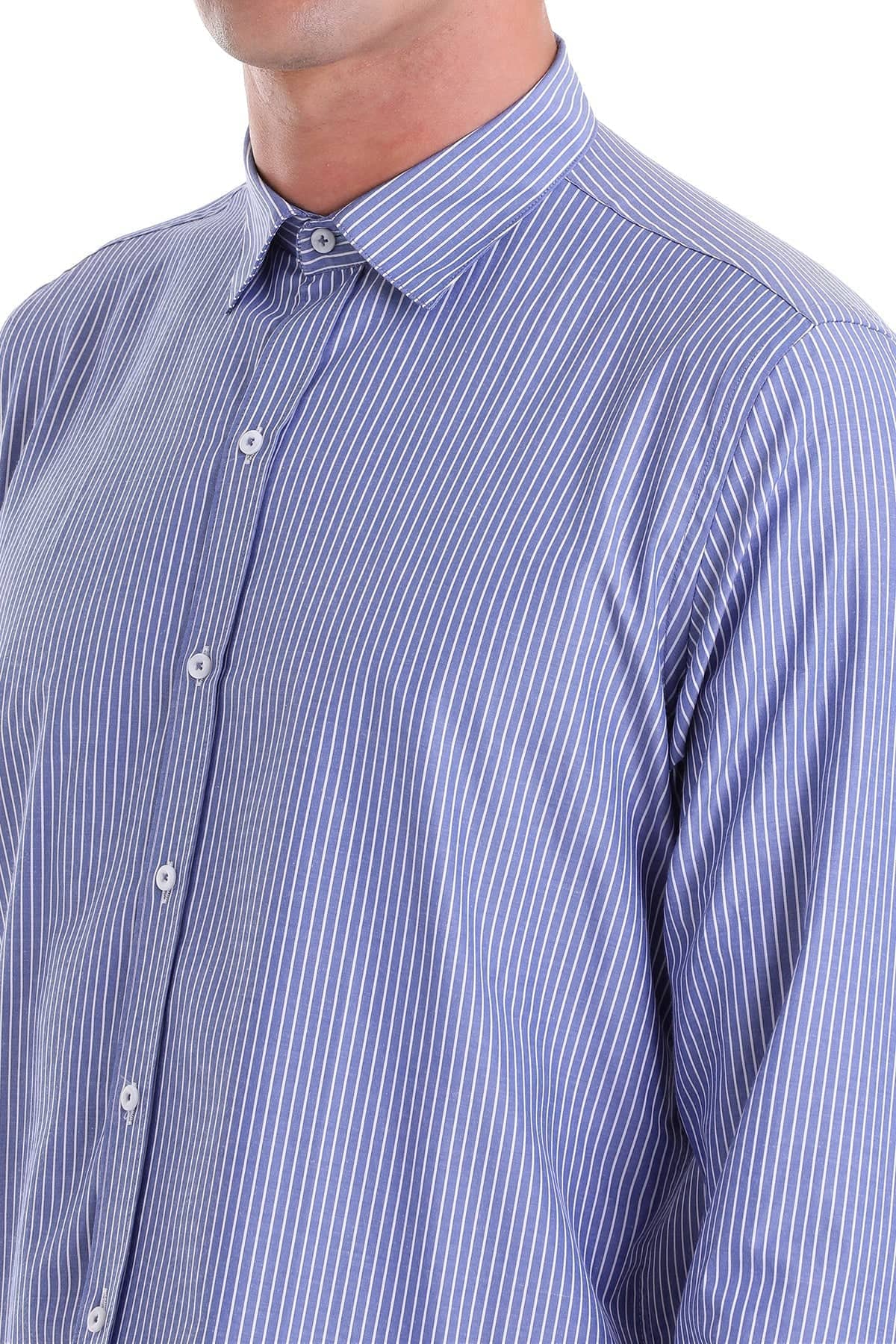 Comfort Fit Striped Cotton Blend Navy Dress Shirt - SAYKI