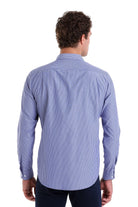 Comfort Fit Striped Cotton Blend Navy Dress Shirt - SAYKI