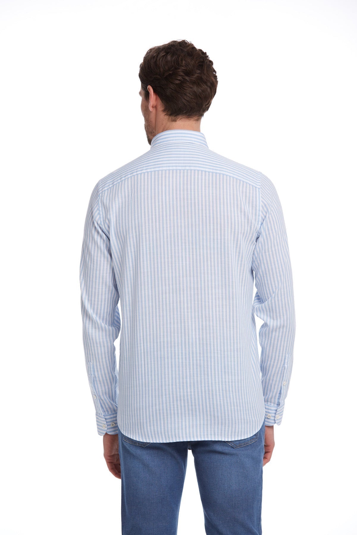 Comfort Fit Striped Cotton Light Blue Casual Shirt - SAYKI