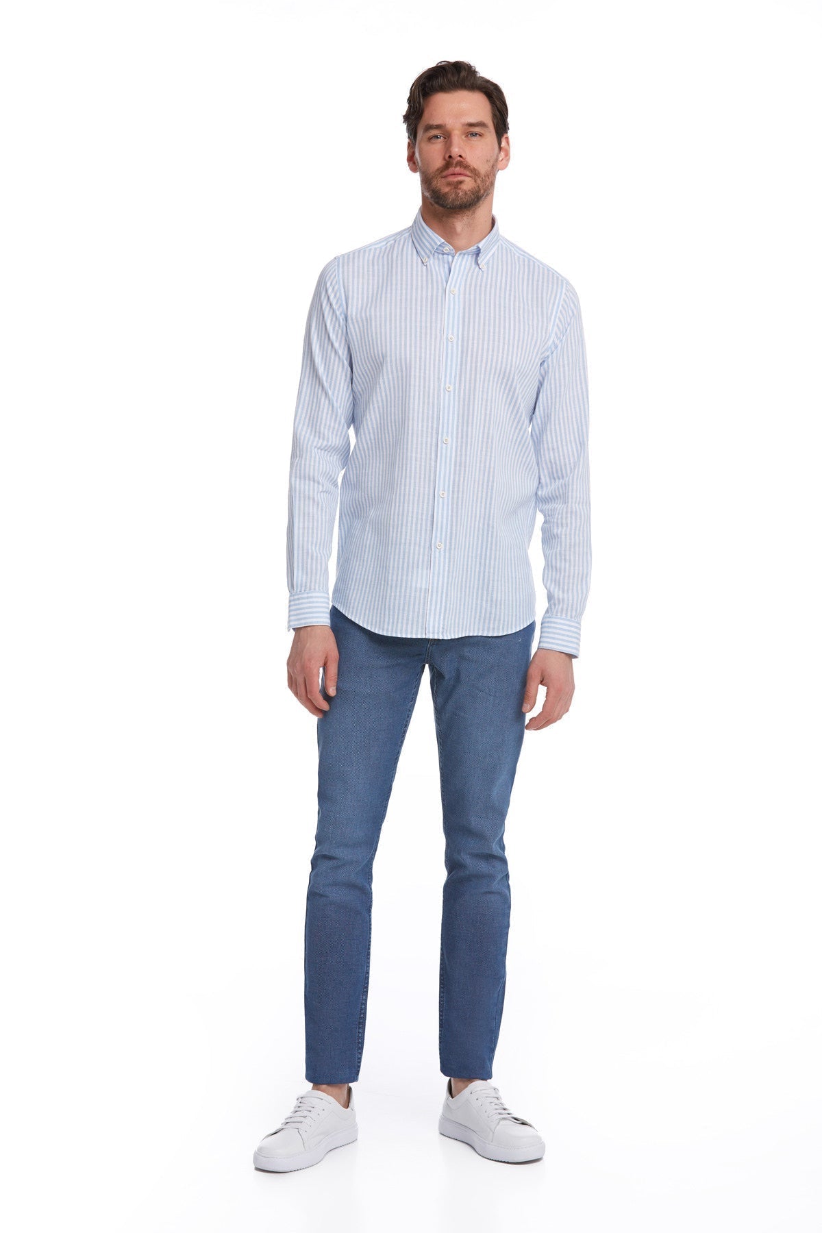 Comfort Fit Striped Cotton Light Blue Casual Shirt - SAYKI