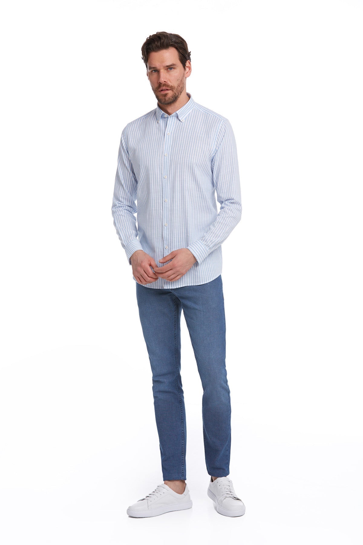 Comfort Fit Striped Cotton Light Blue Casual Shirt - SAYKI