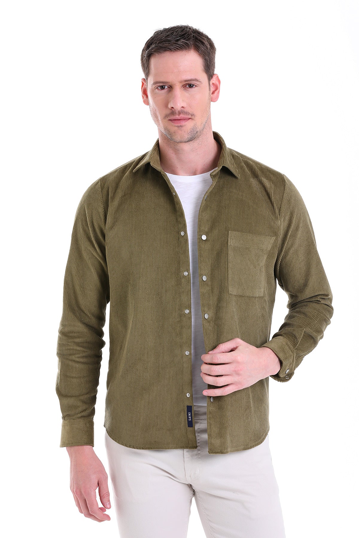 Olive green corduroy button-down shirt with a chest pocket and subtle vertical ribbing.
