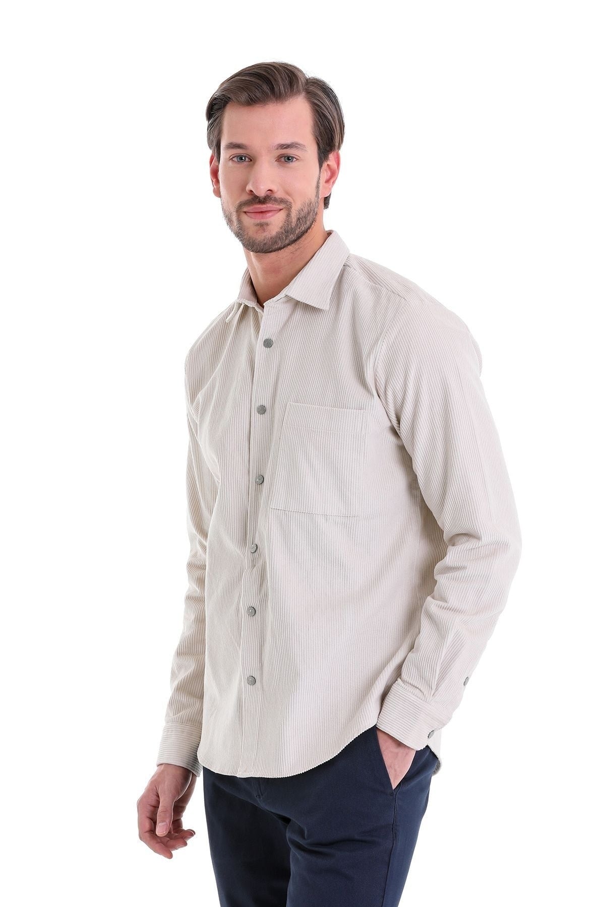 Beige striped long-sleeve button-down shirt with a chest pocket and subtle vertical pinstripes.