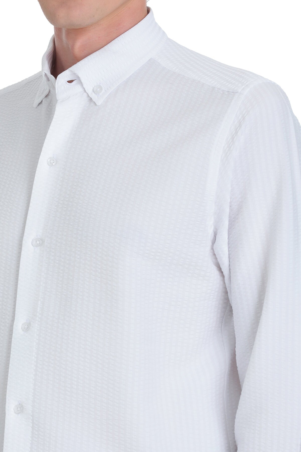 White button-down shirt with a crisp collar and subtle texture.