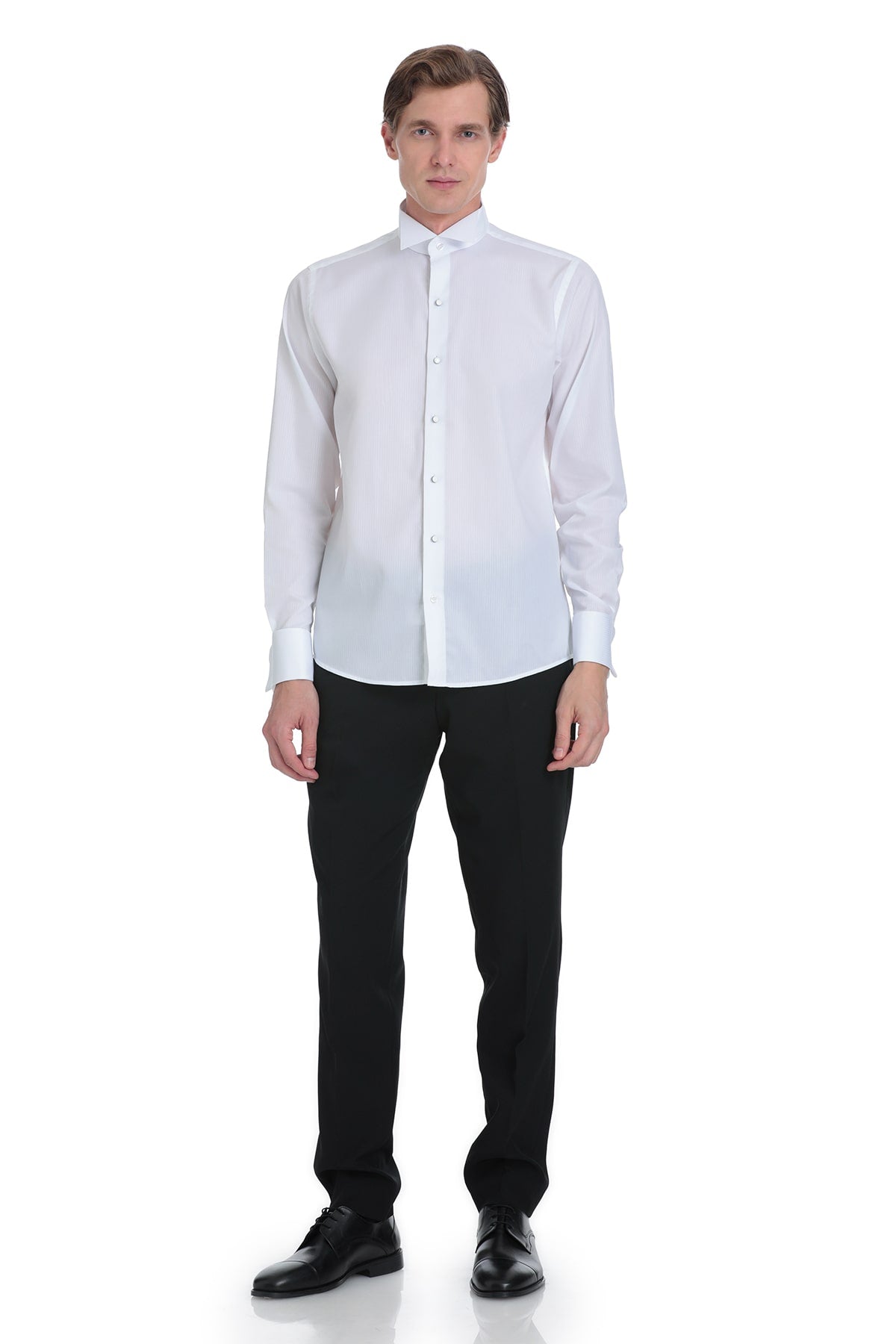 A comfort fit white cotton tuxedo shirt with a crisp long-sleeved design and classic french cuff for formal wear