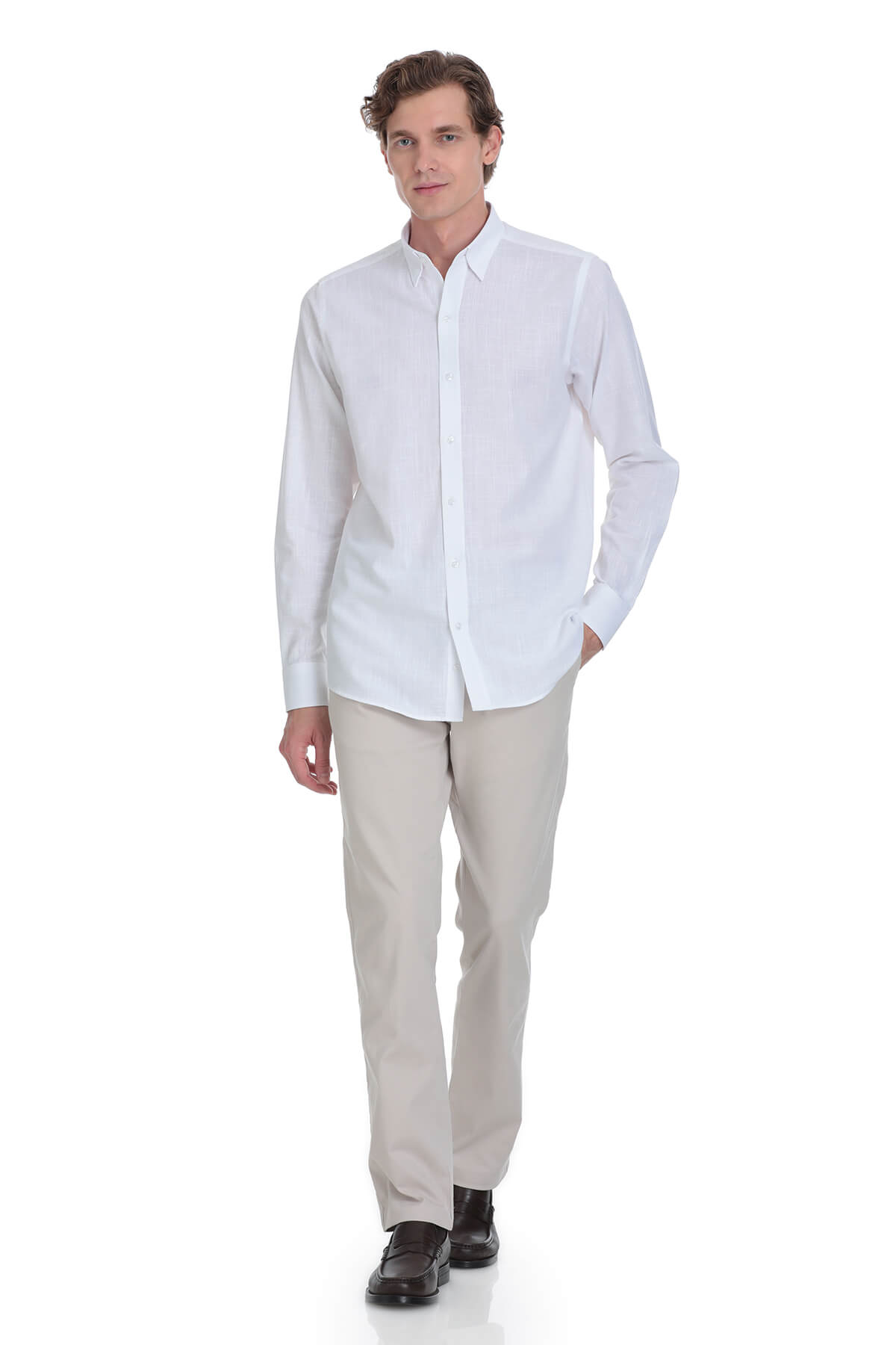 A crisp white long-sleeved button-down shirt with a classic collar and neatly pressed fabric.