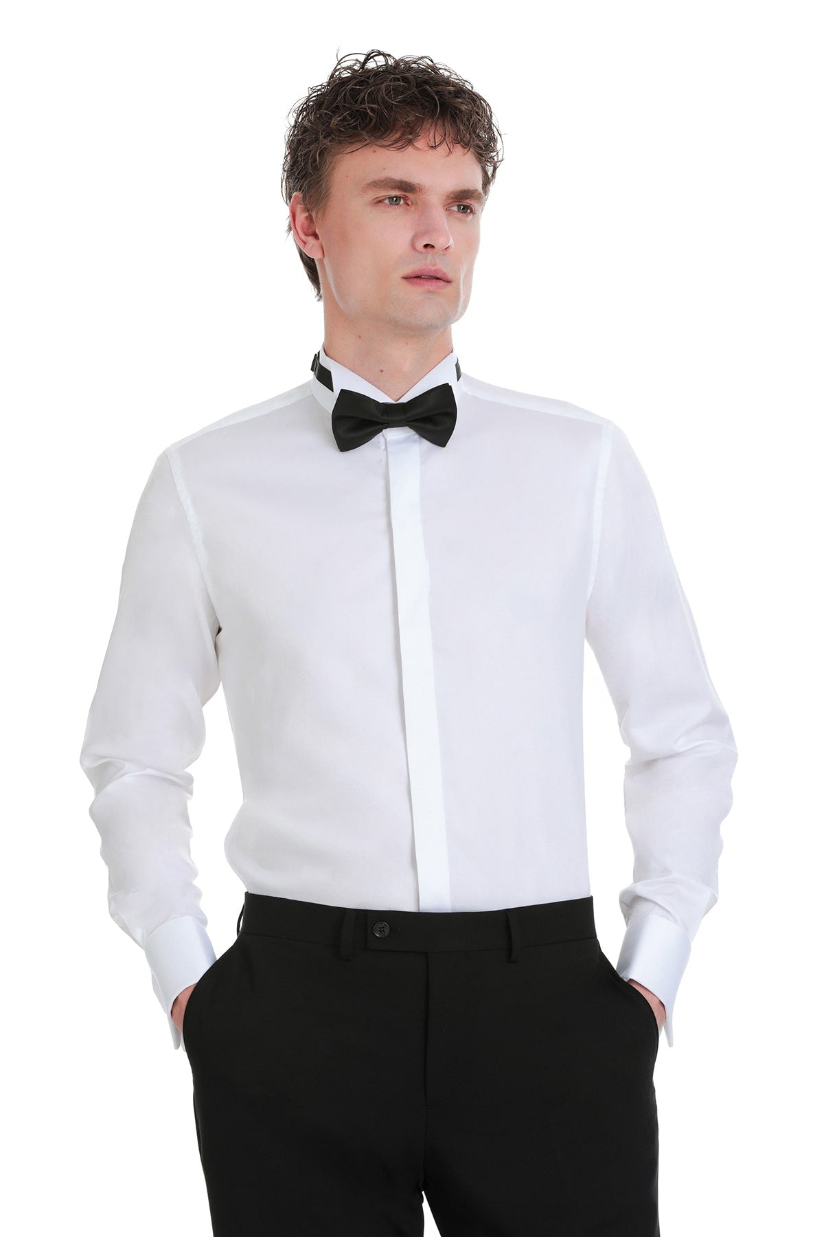 Comfort fit white sateen tuxedo shirt with crisp tailored fit and subtle pleating along the front placket