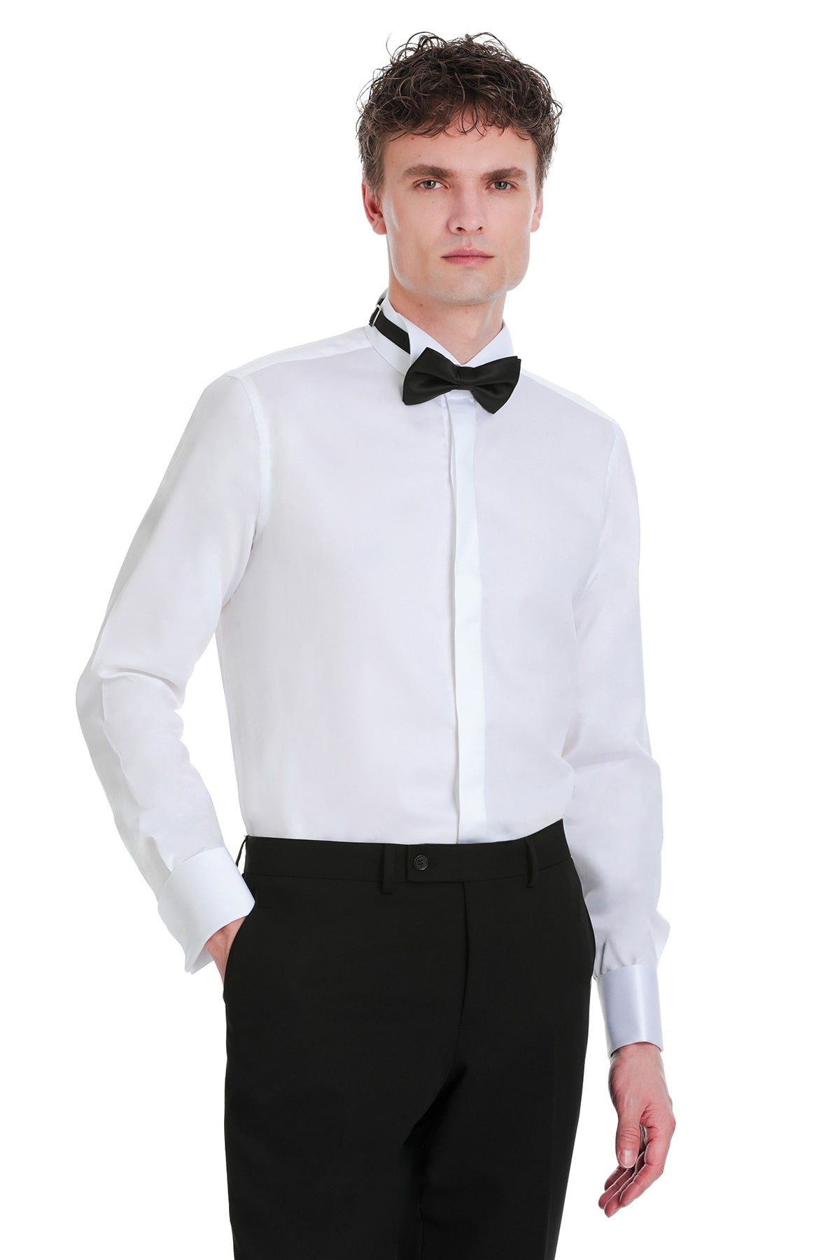 Comfort fit white sateen tuxedo shirt with tailored fit and french cuffs paired with a black bow tie