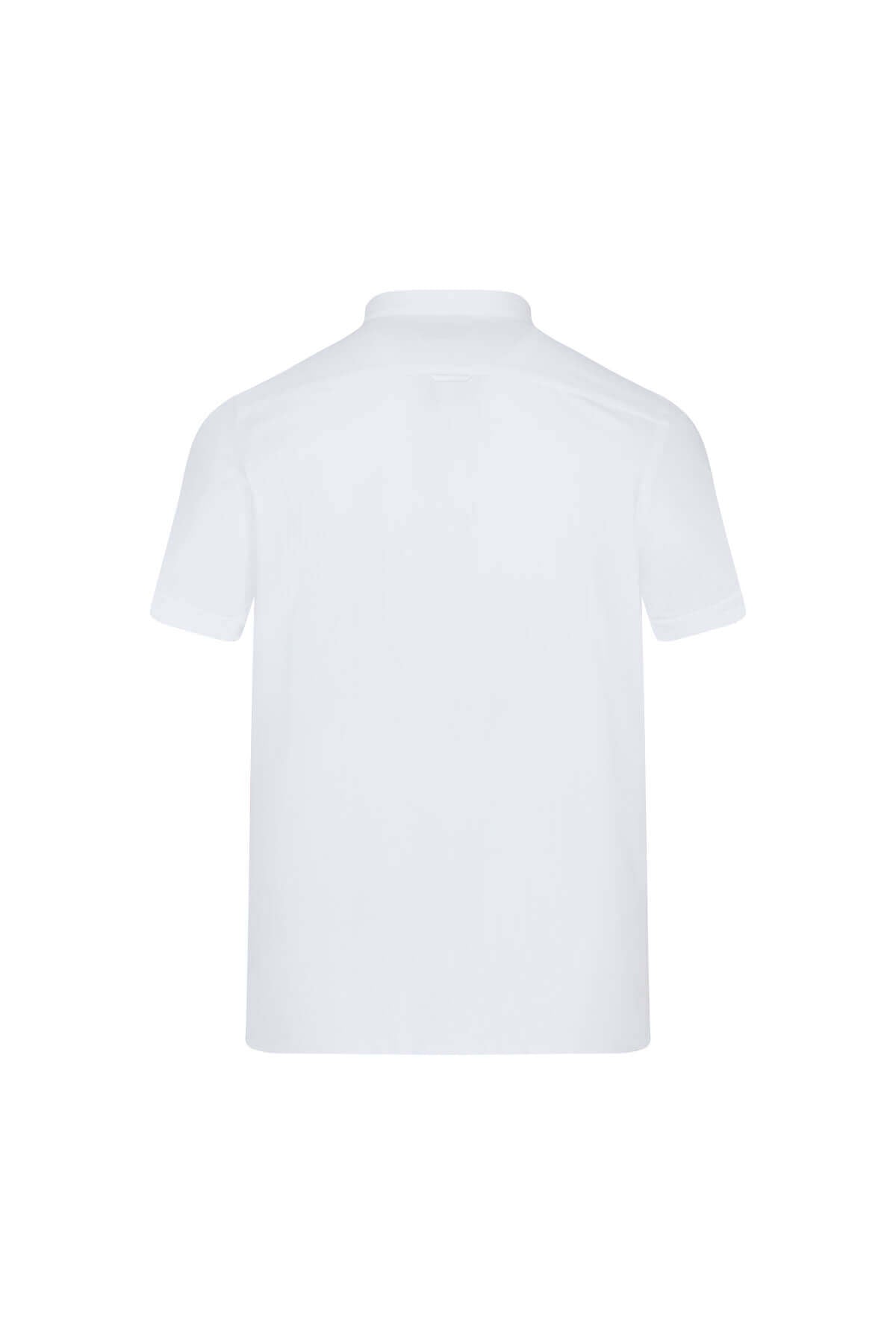 White short-sleeved polo shirt with a classic collar and subtle texture.