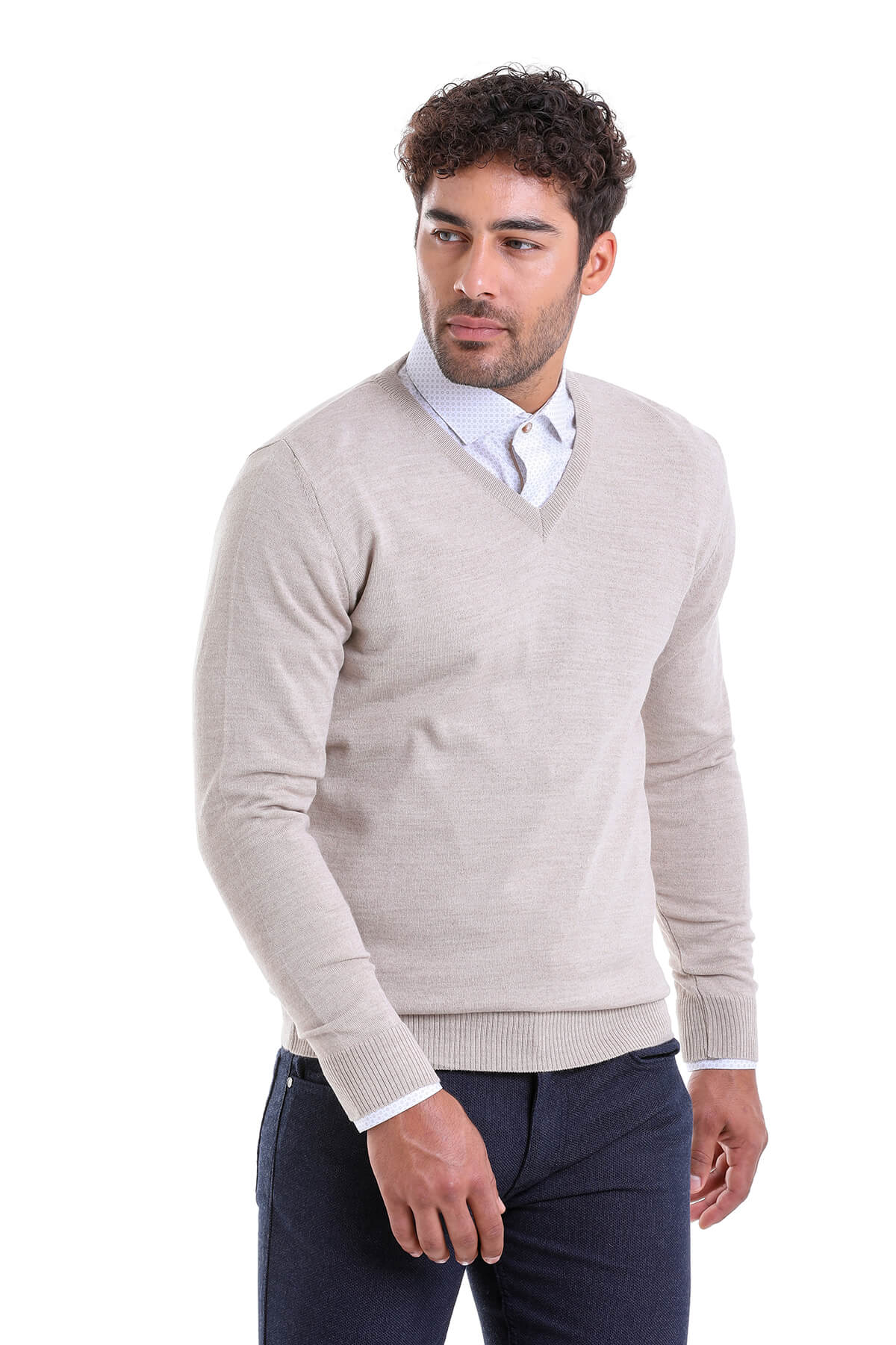 Comfort Fit Wool Blend Beige V-Neck Sweater - SAYKI