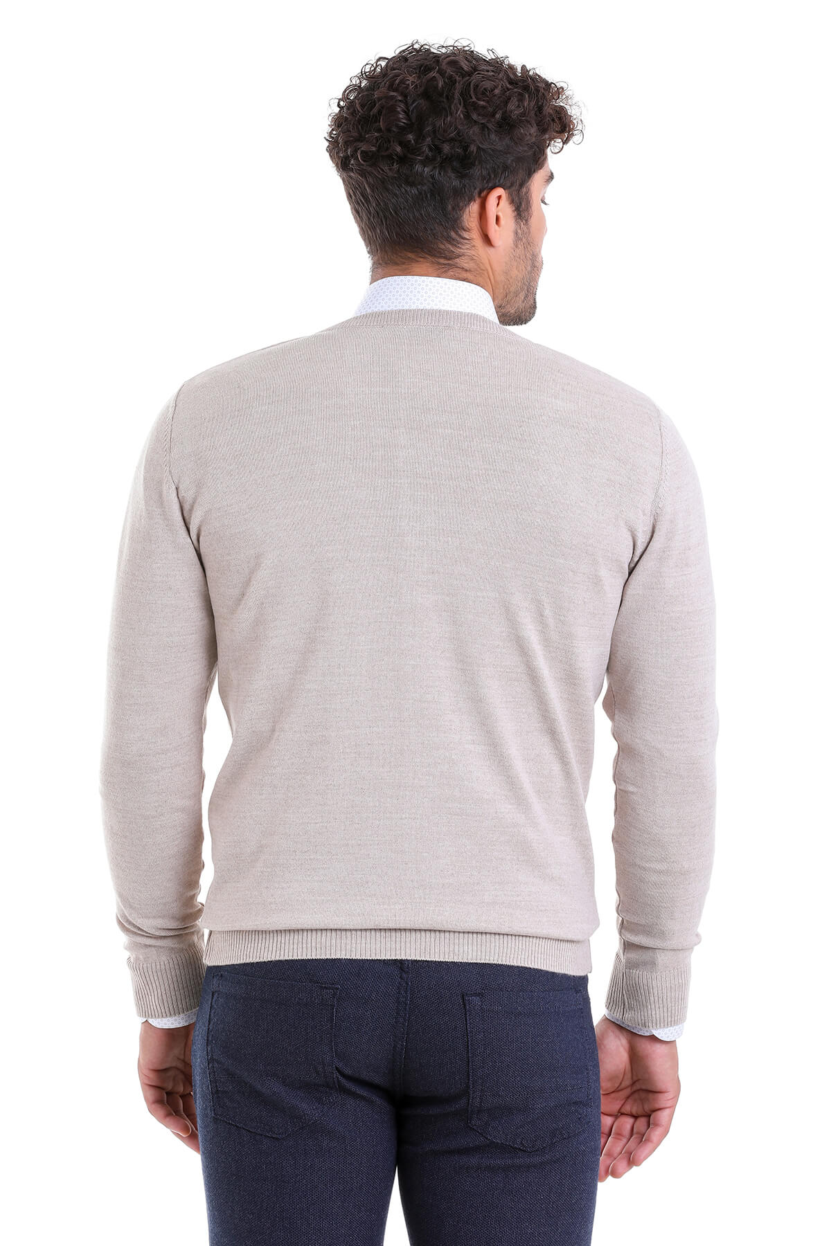 Comfort Fit Wool Blend Beige V-Neck Sweater - SAYKI