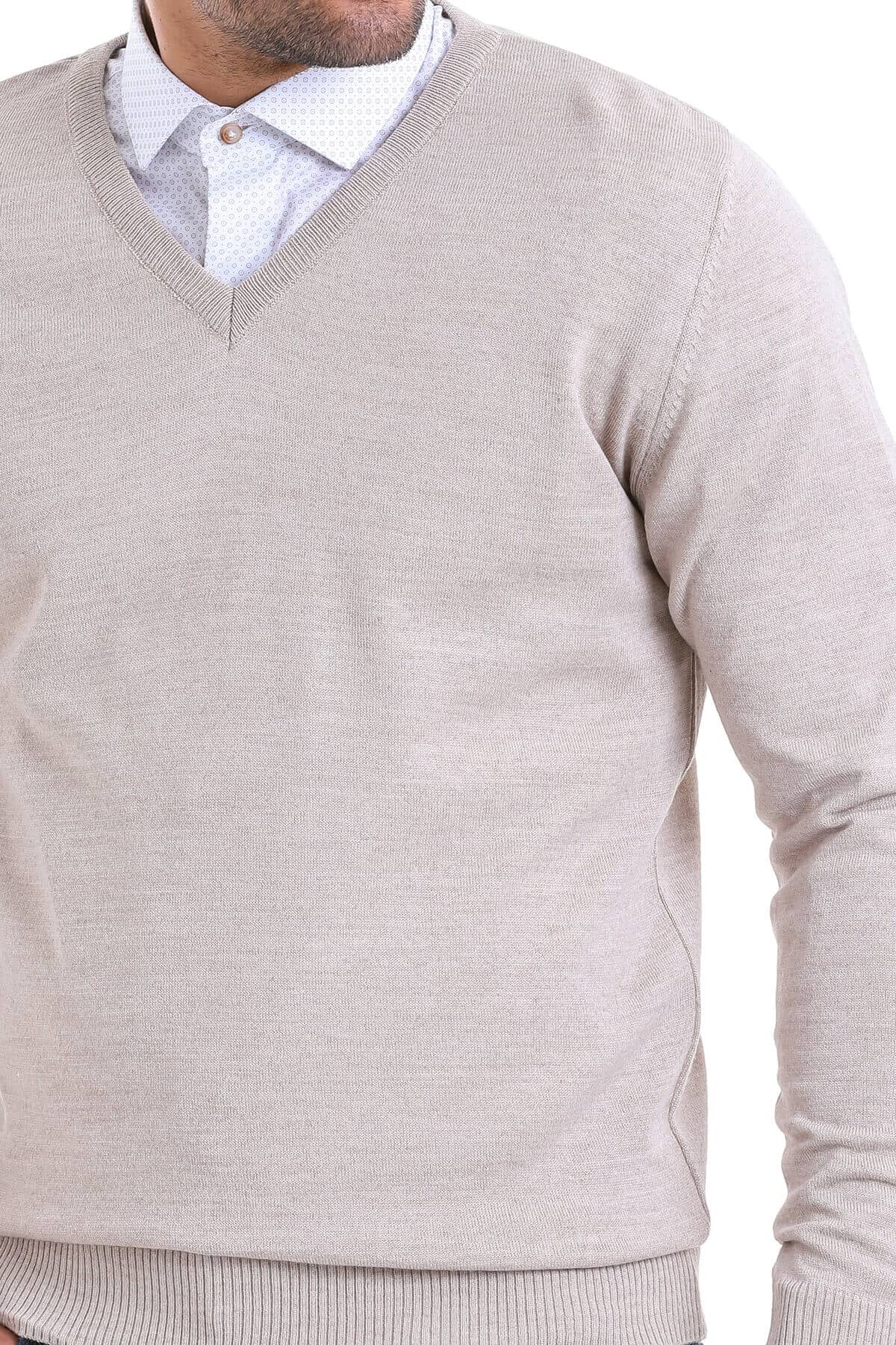 Comfort Fit Wool Blend Beige V-Neck Sweater - SAYKI