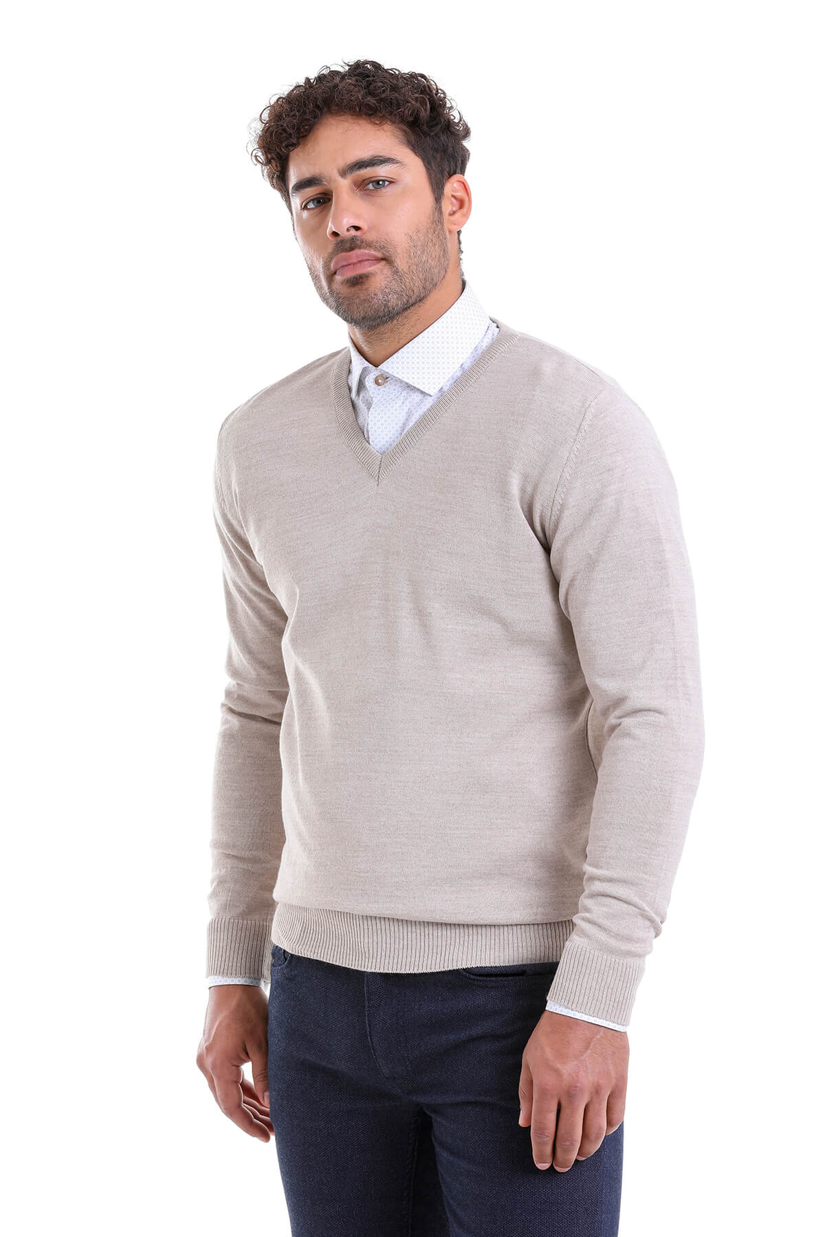 Comfort Fit Wool Blend Beige V-Neck Sweater - SAYKI