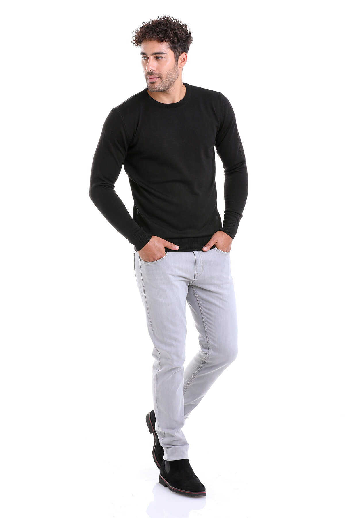 Comfort Fit Wool Blend Black Crewneck Sweater - SAYKI