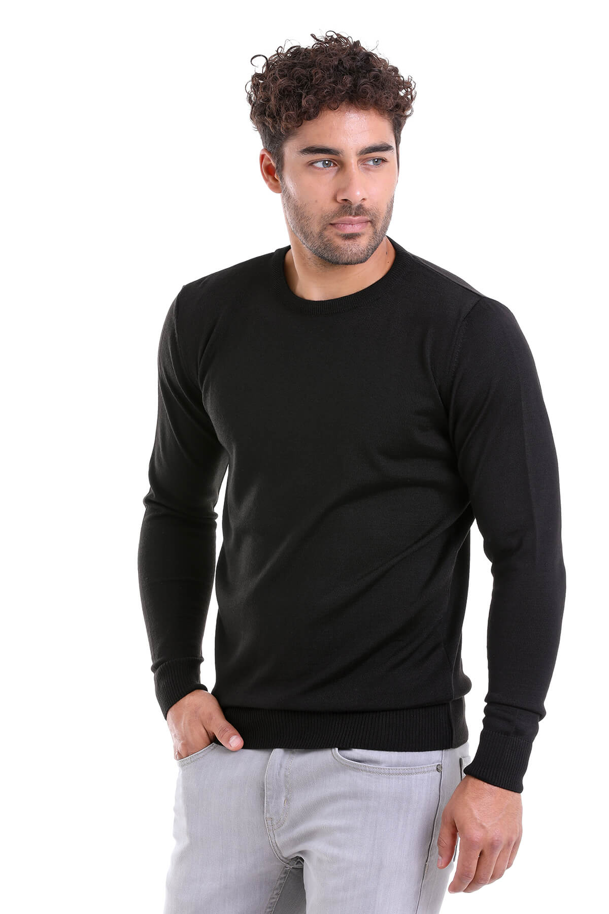 Comfort Fit Wool Blend Black Crewneck Sweater - SAYKI