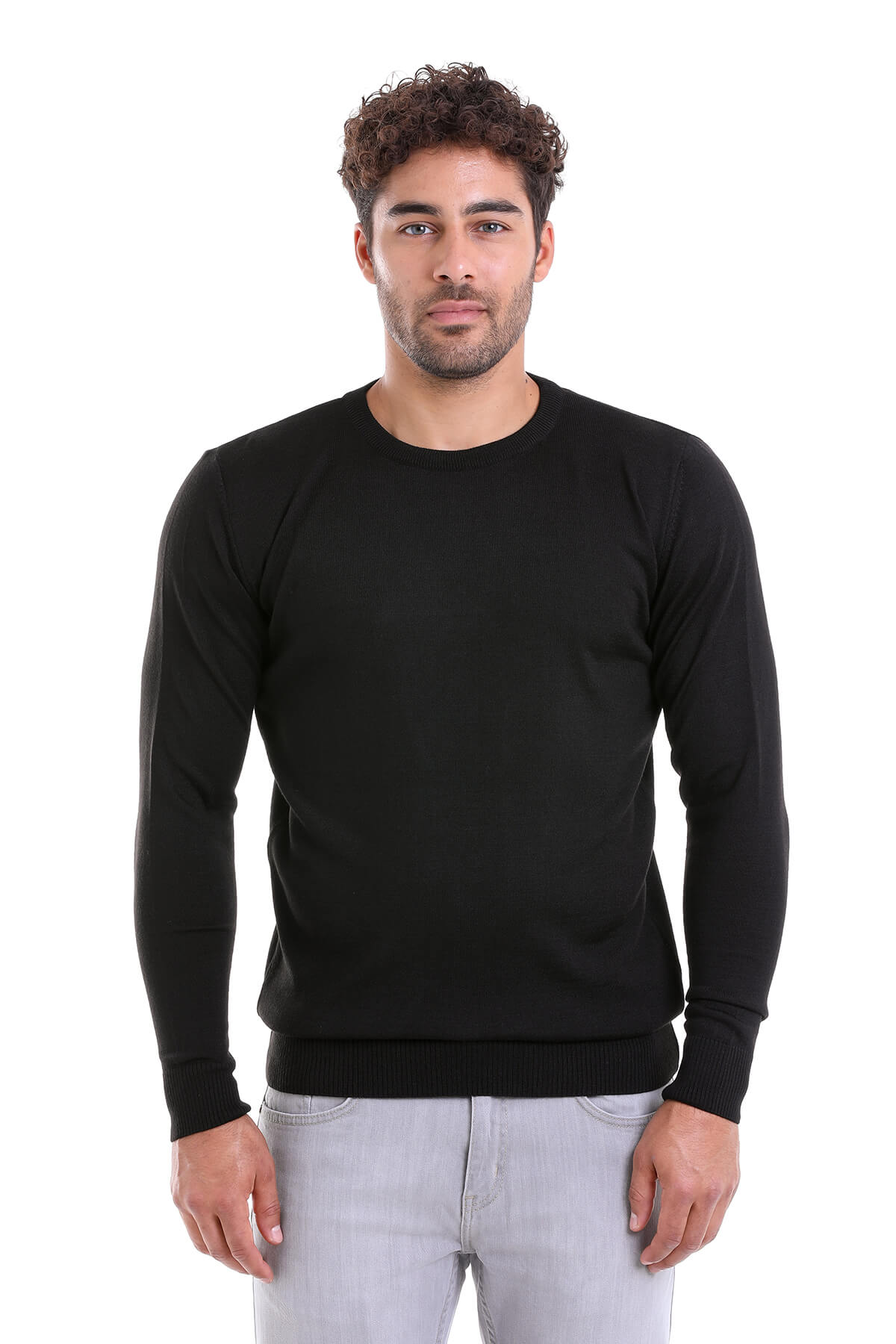 Comfort Fit Wool Blend Black Crewneck Sweater - SAYKI