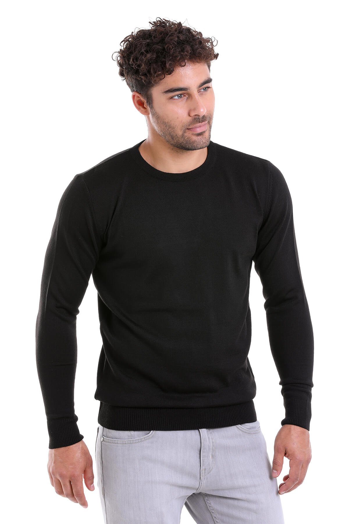 Comfort Fit Wool Blend Black Crewneck Sweater - SAYKI