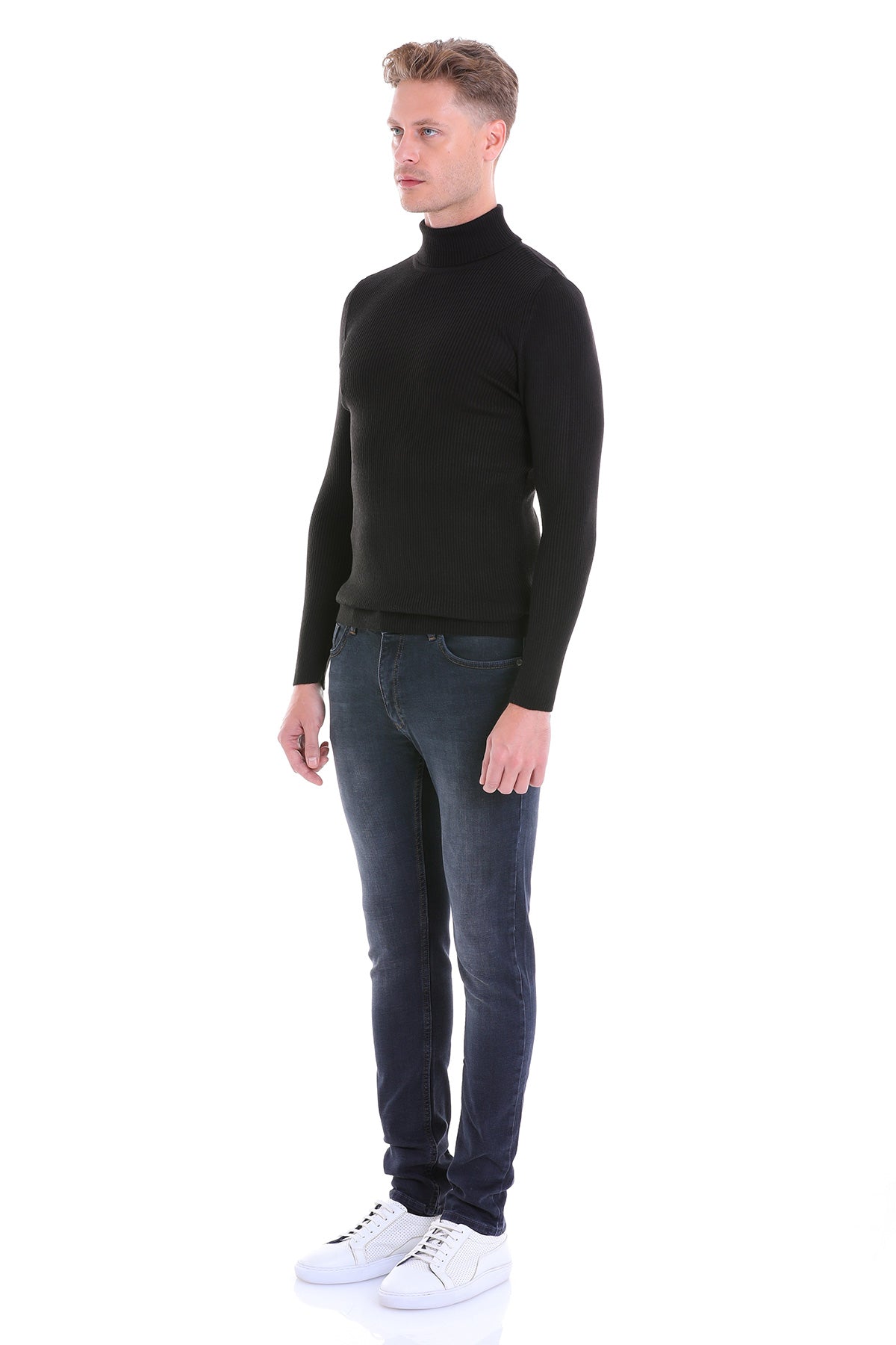 Comfort Fit Wool Blend Black Turtleneck Sweater - SAYKI