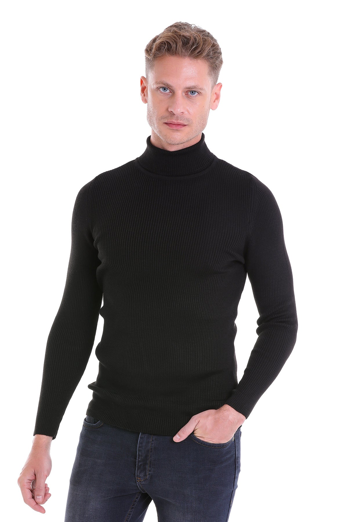 Comfort Fit Wool Blend Black Turtleneck Sweater - SAYKI