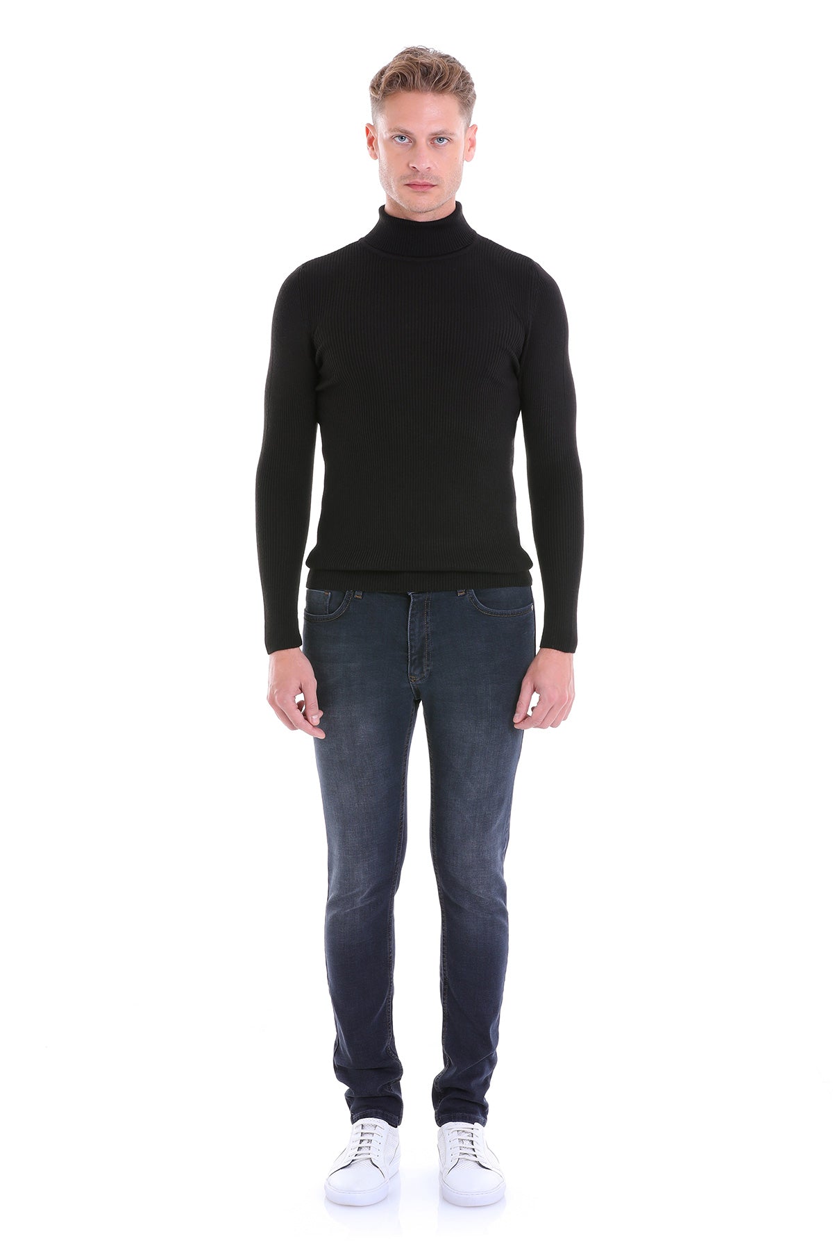 Comfort Fit Wool Blend Black Turtleneck Sweater - SAYKI