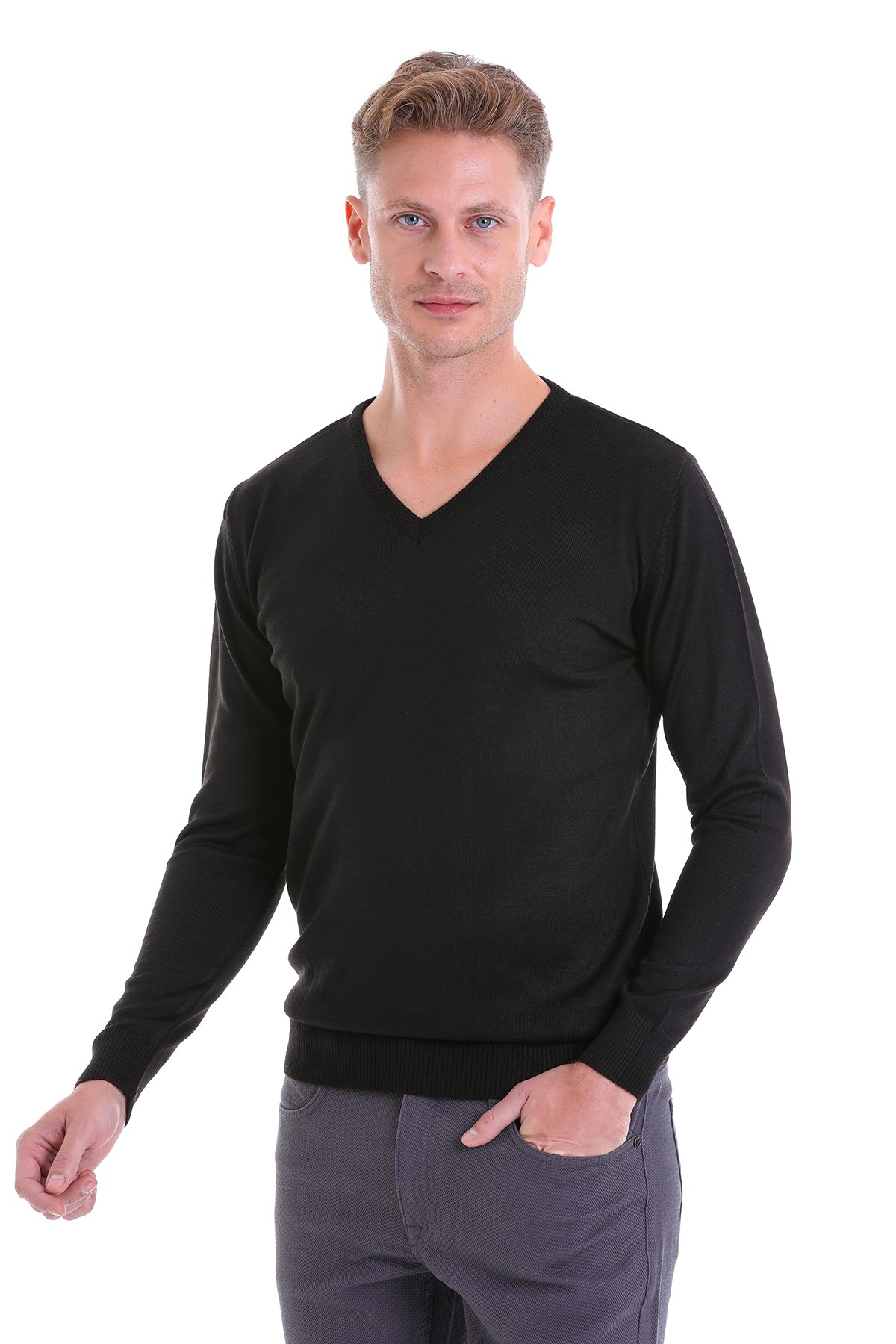 Comfort Fit Wool Blend Black V-Neck Sweater - SAYKI