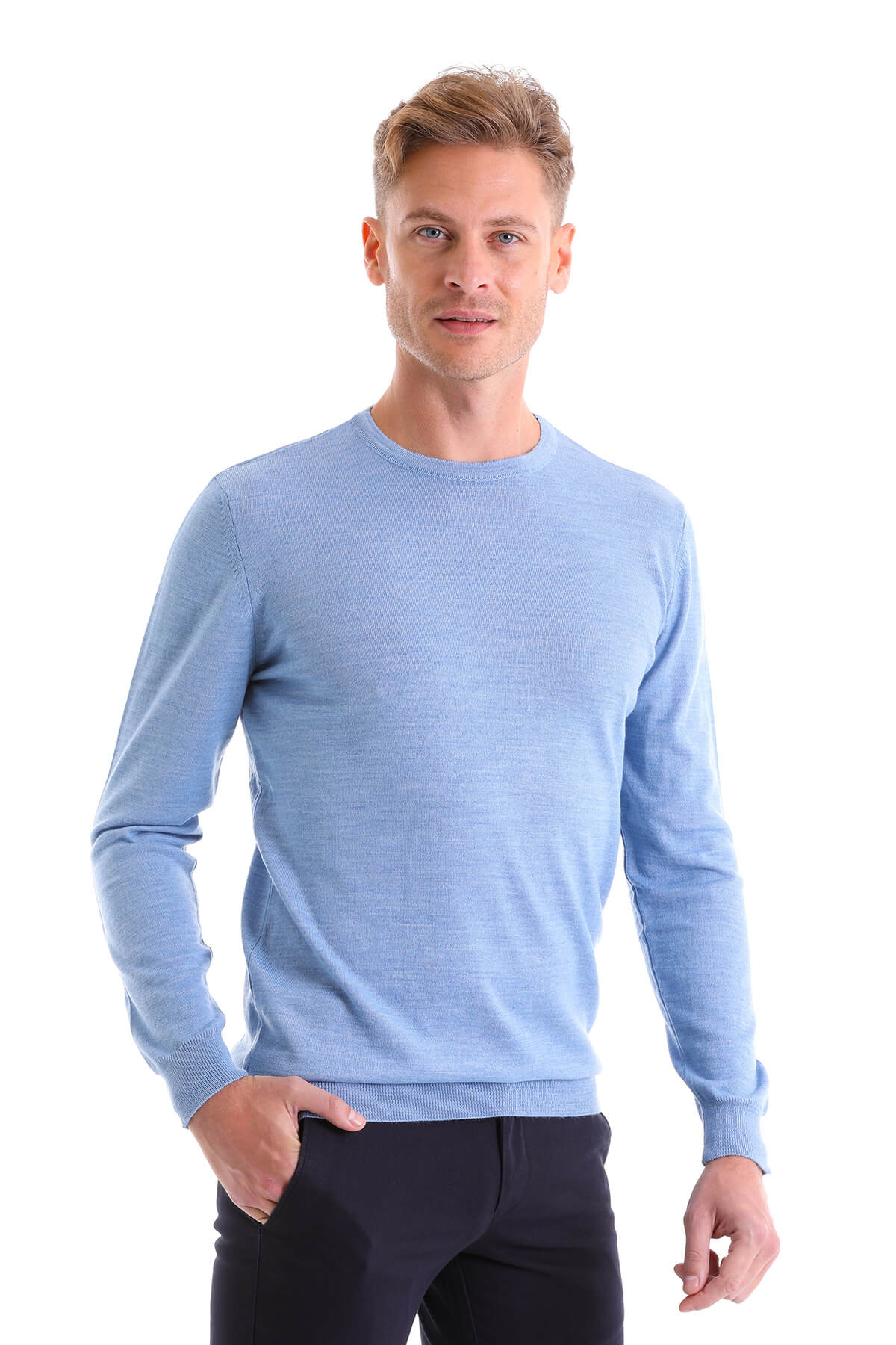 Comfort Fit Wool Blend Blue Crewneck Sweater - SAYKI