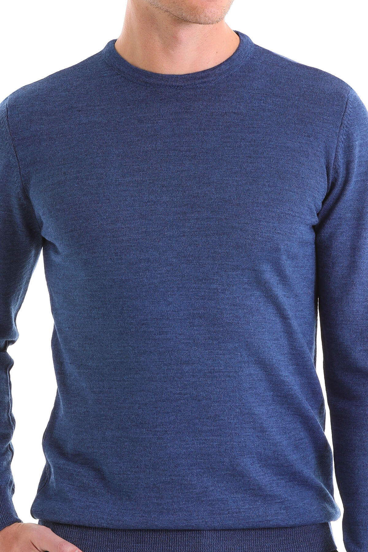 A navy blue crewneck sweater with a fine, textured knit pattern.