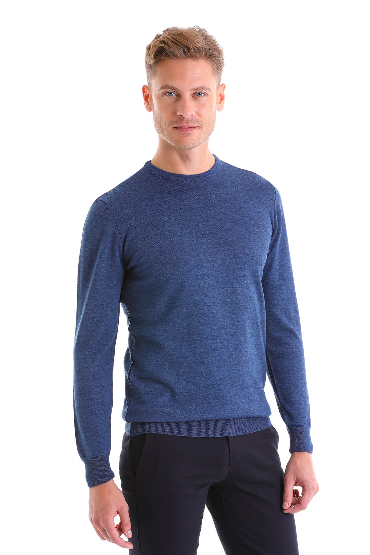 A men’s navy blue crewneck sweater with a subtle heathered texture and ribbed cuffs.