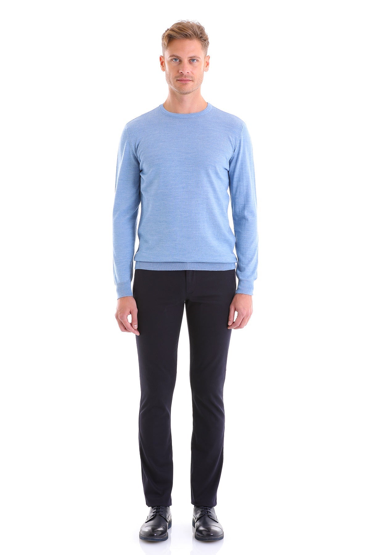 Comfort Fit Wool Blend Blue Crewneck Sweater - SAYKI