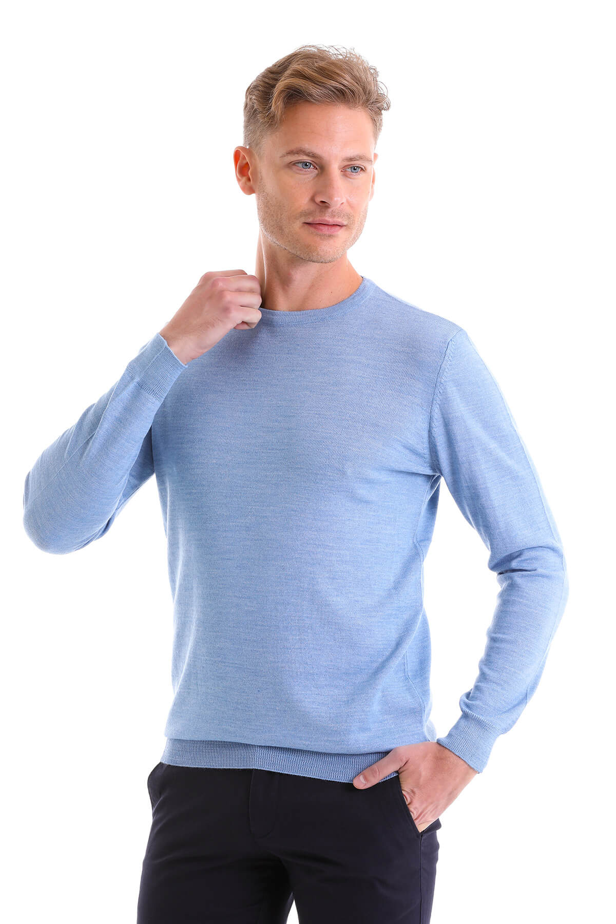 Comfort Fit Wool Blend Blue Crewneck Sweater - SAYKI