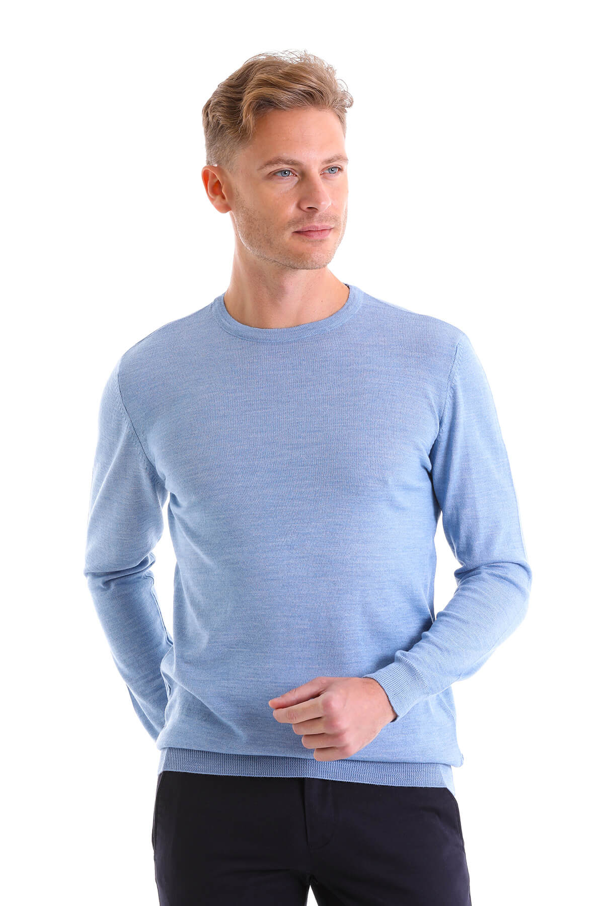 Comfort Fit Wool Blend Blue Crewneck Sweater - SAYKI