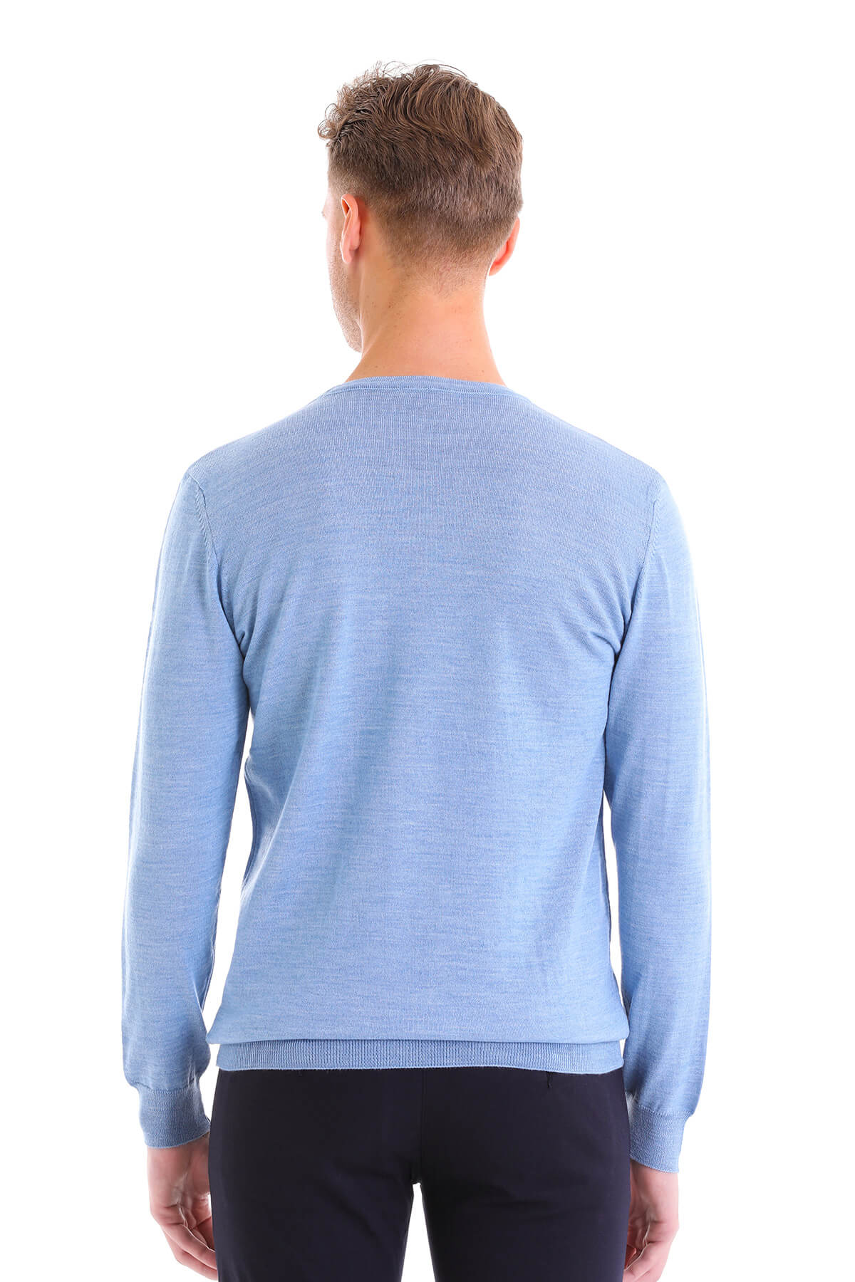 Comfort Fit Wool Blend Blue Crewneck Sweater - SAYKI